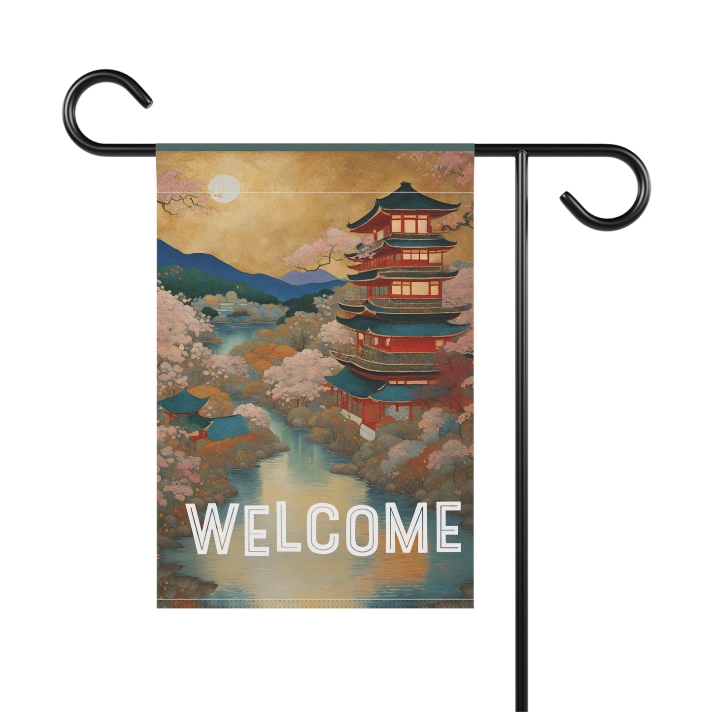 Serene Pagoda Welcome 2-Sided Garden & House Flag/Banner