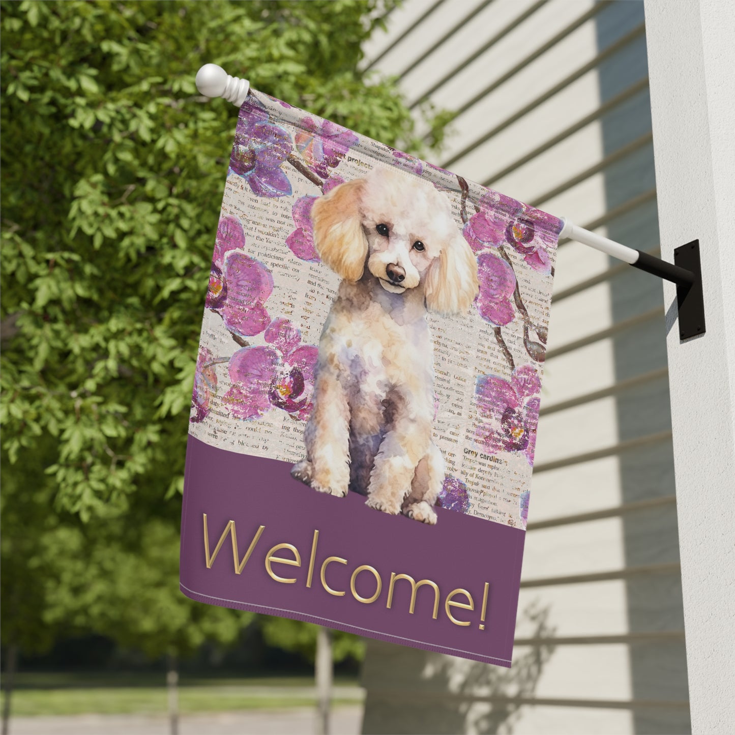 Poodle Welcome Purple Flowers 2-Sided Garden & House Flag/Banner