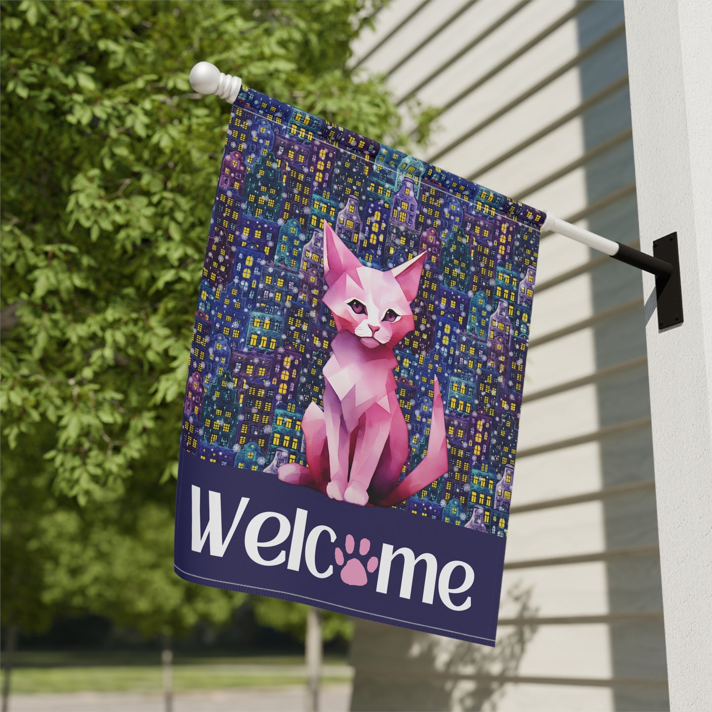 Pink City Cat Welcome 2-Sided Garden & House Flag/Banner