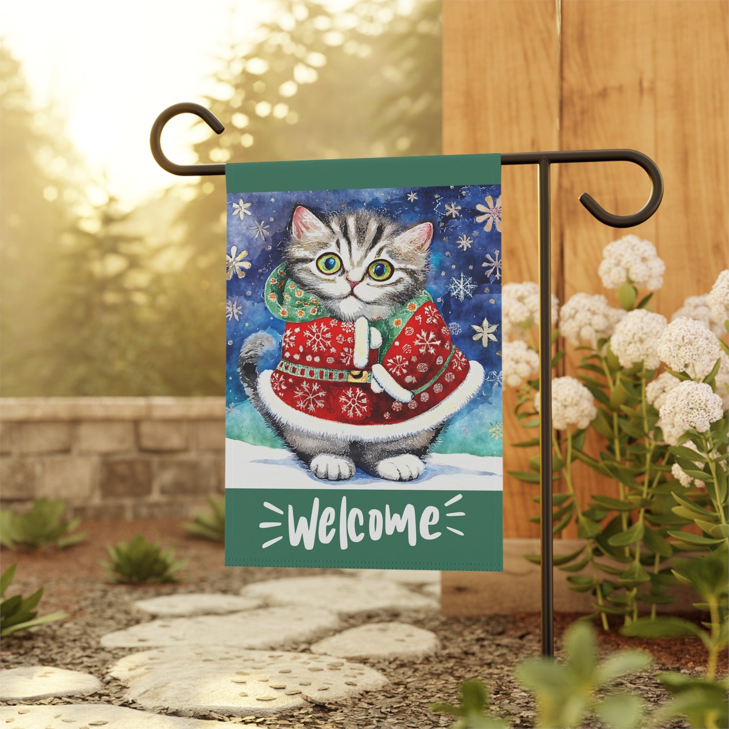 Welcome Whiskers Christmas Cat 2-Sided Garden & House Flag/Banner