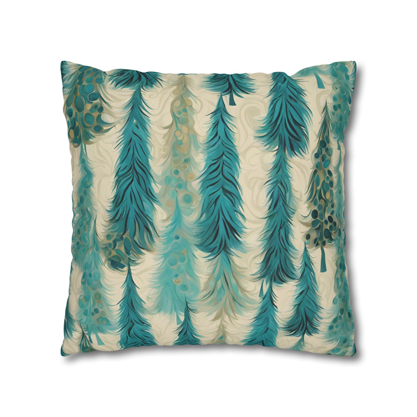 Teal Christmas Trees Square Poly Canvas Pillowcase