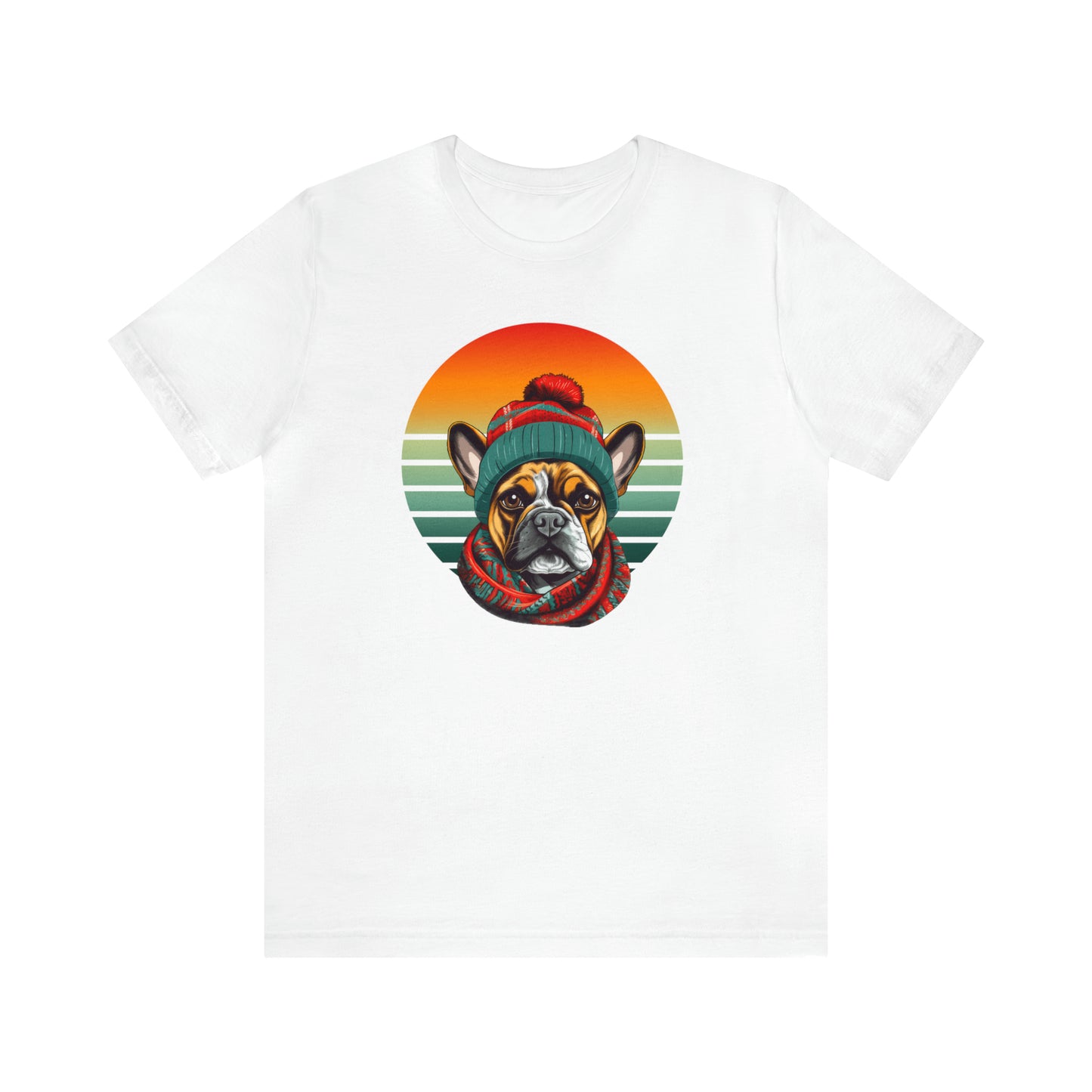 Retro French Bulldog in Hat & Scarf Unisex Jersey Short Sleeve Tee