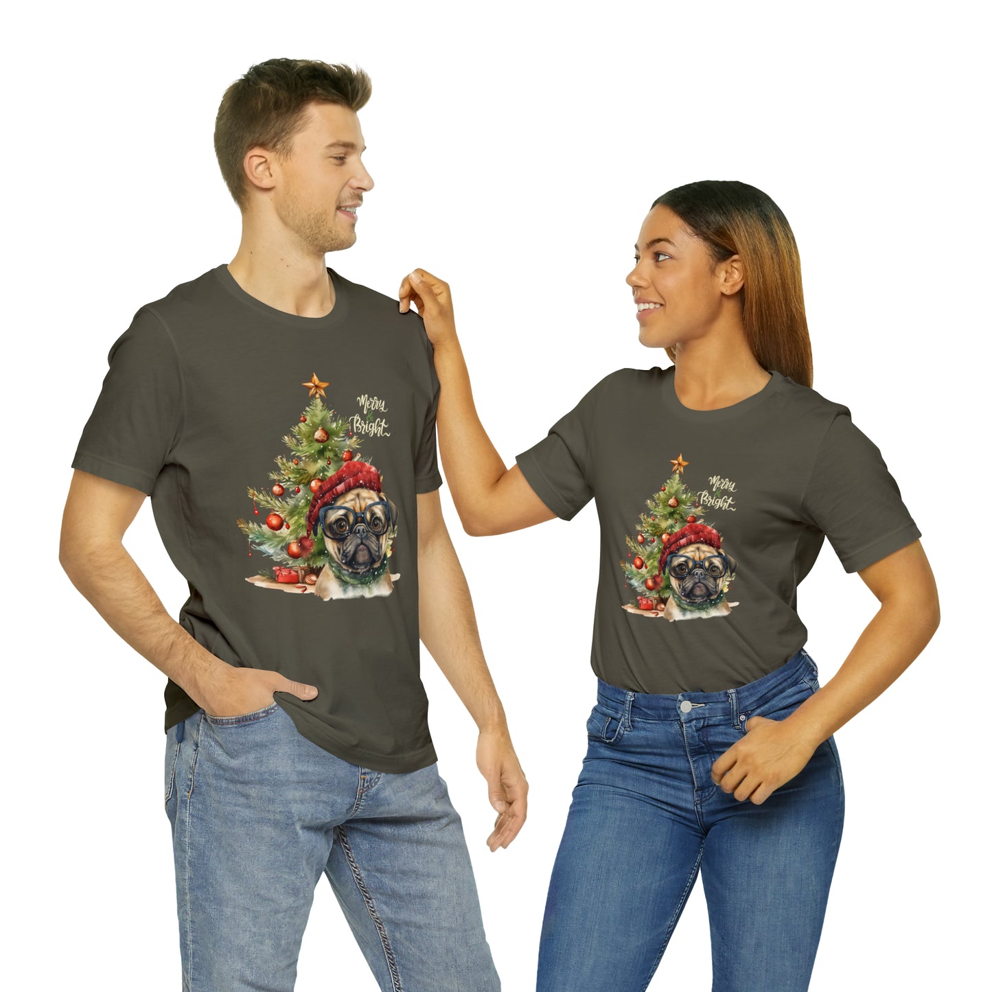 Merry & Bright Pug in Glasses Unisex Jersey Short Sleeve Tee