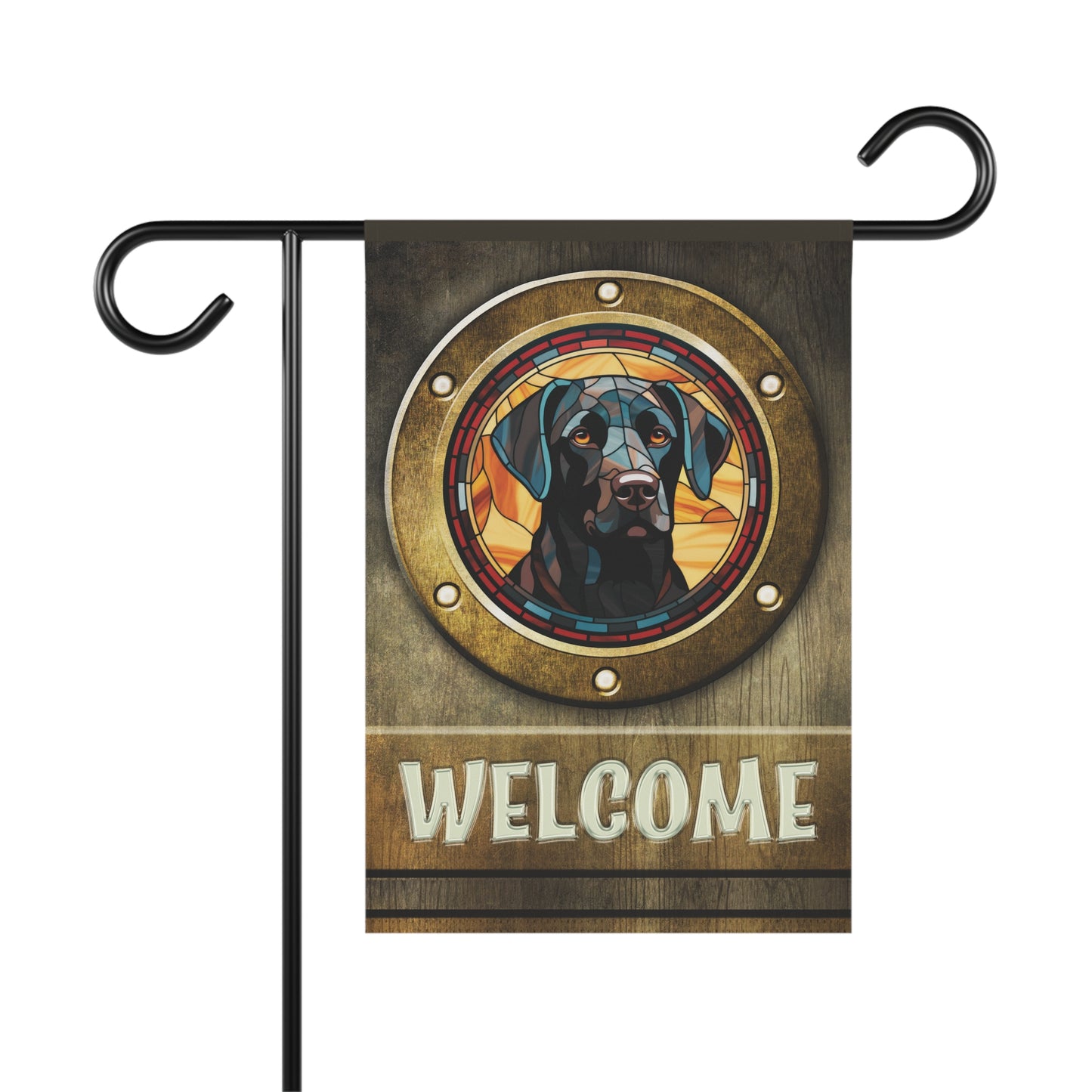 Black Labrador in Port Hole Welcome 2-Sided Garden & House Flag/Banner