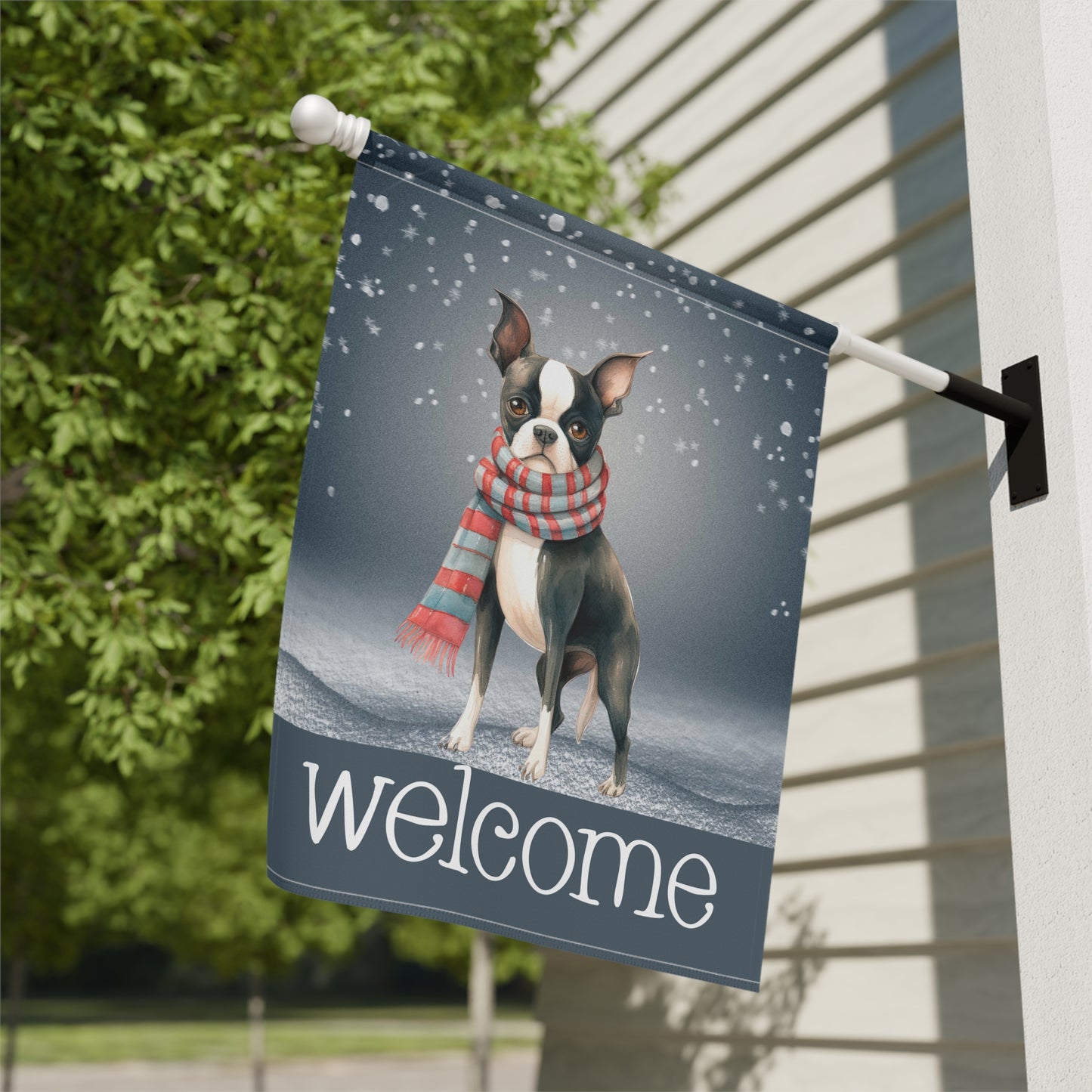 Snowy Welcome Boston Terrier in Scarf 2-Sided Garden & House Flag/Banner