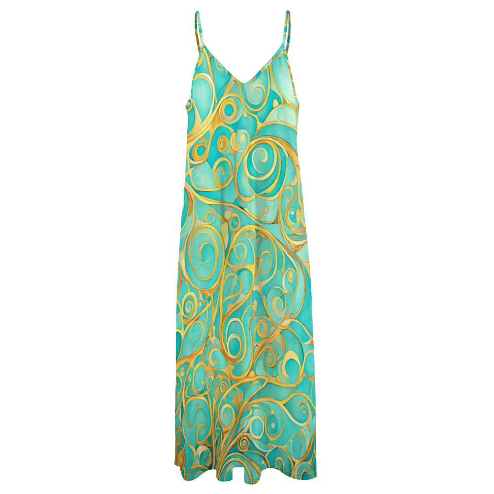 Teal Swirl Women's Summer Fashion Maxi Slip Dress