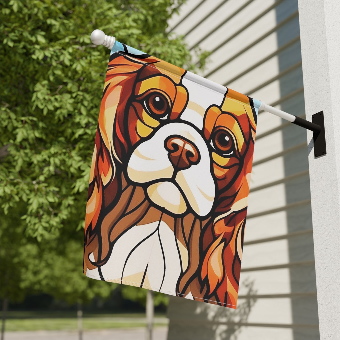 Cavalier King Charles Spaniel Face Stained Glass Look 2-Sided Garden & House Flag/Banner