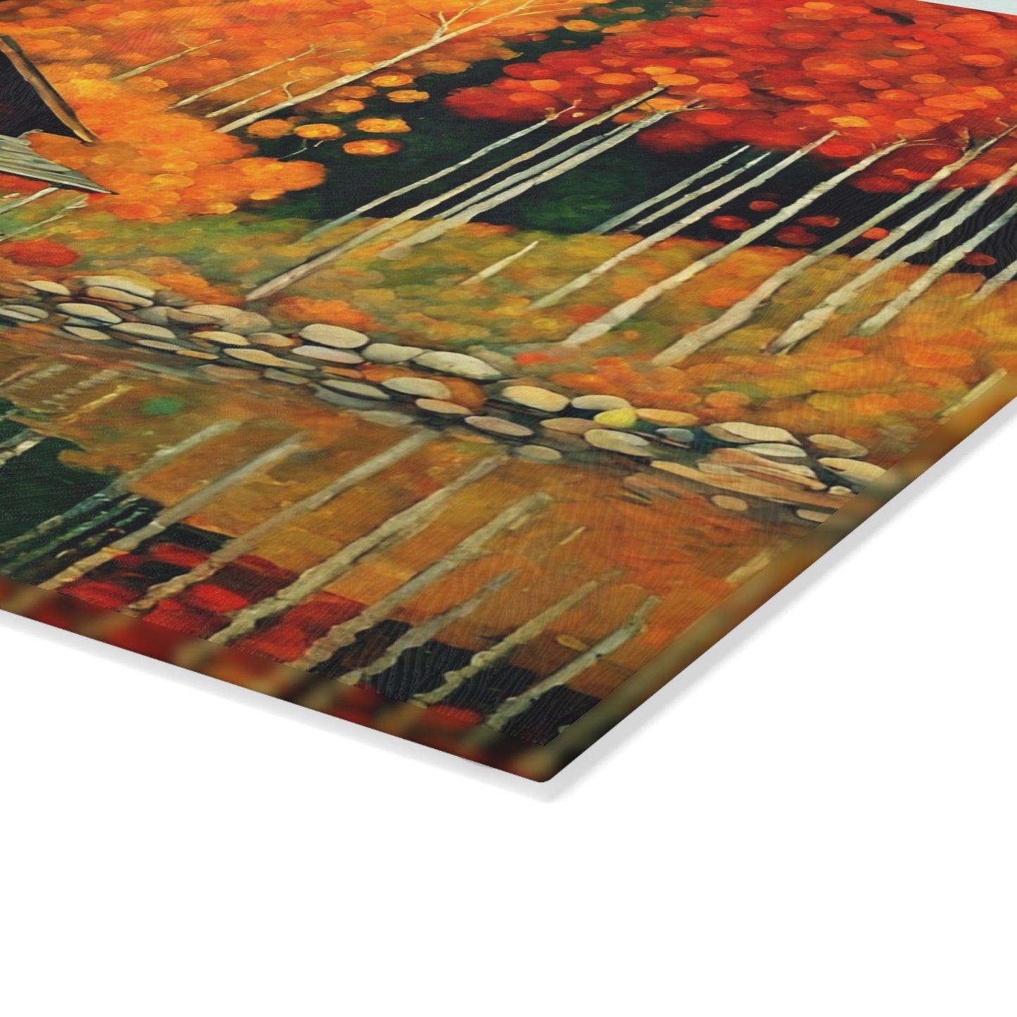 Autumn Lakeside Cabin Tempered Glass Cutting Board