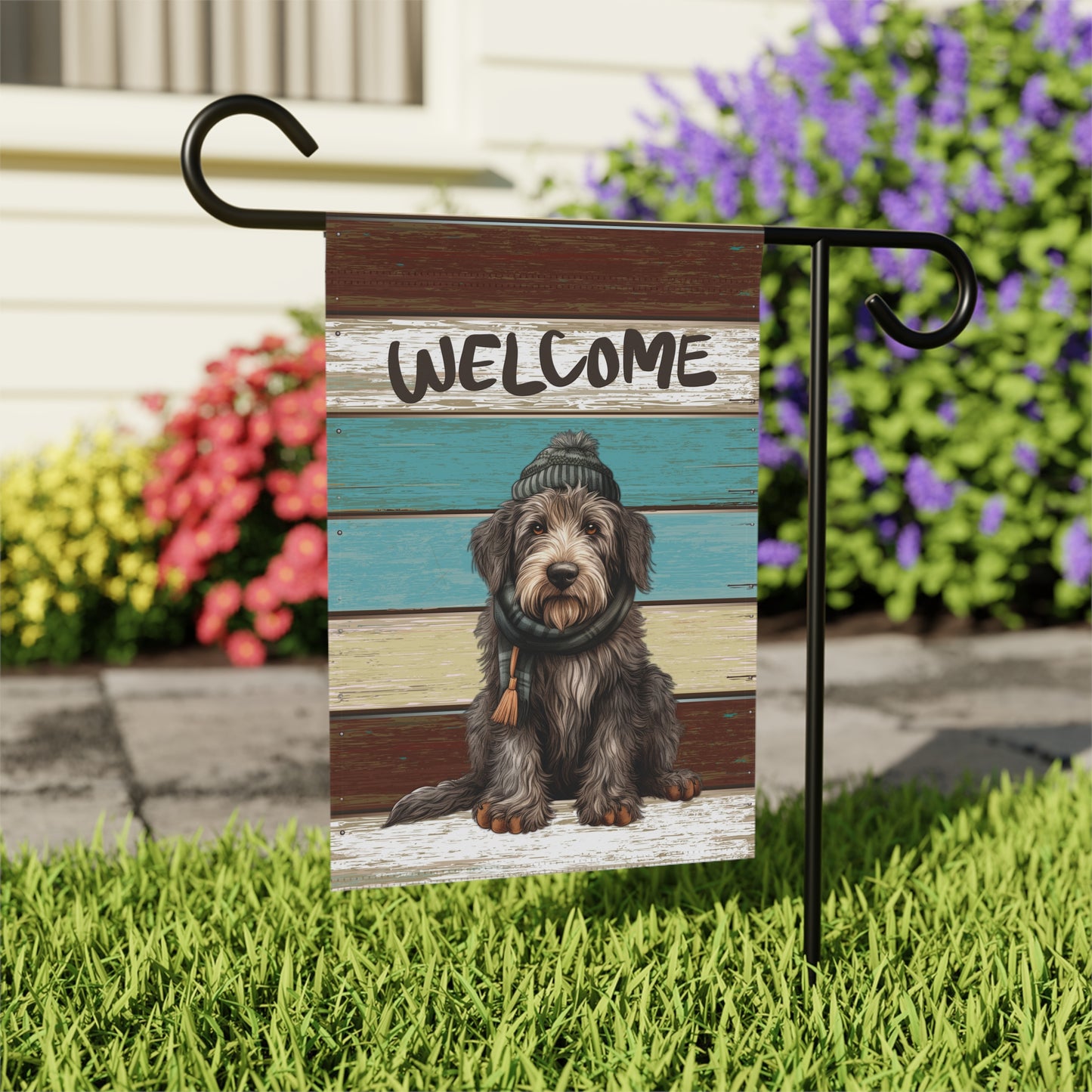 Cute Dog in Hat & Scarf Welcome 2-Sided Garden & House Flag/Banner