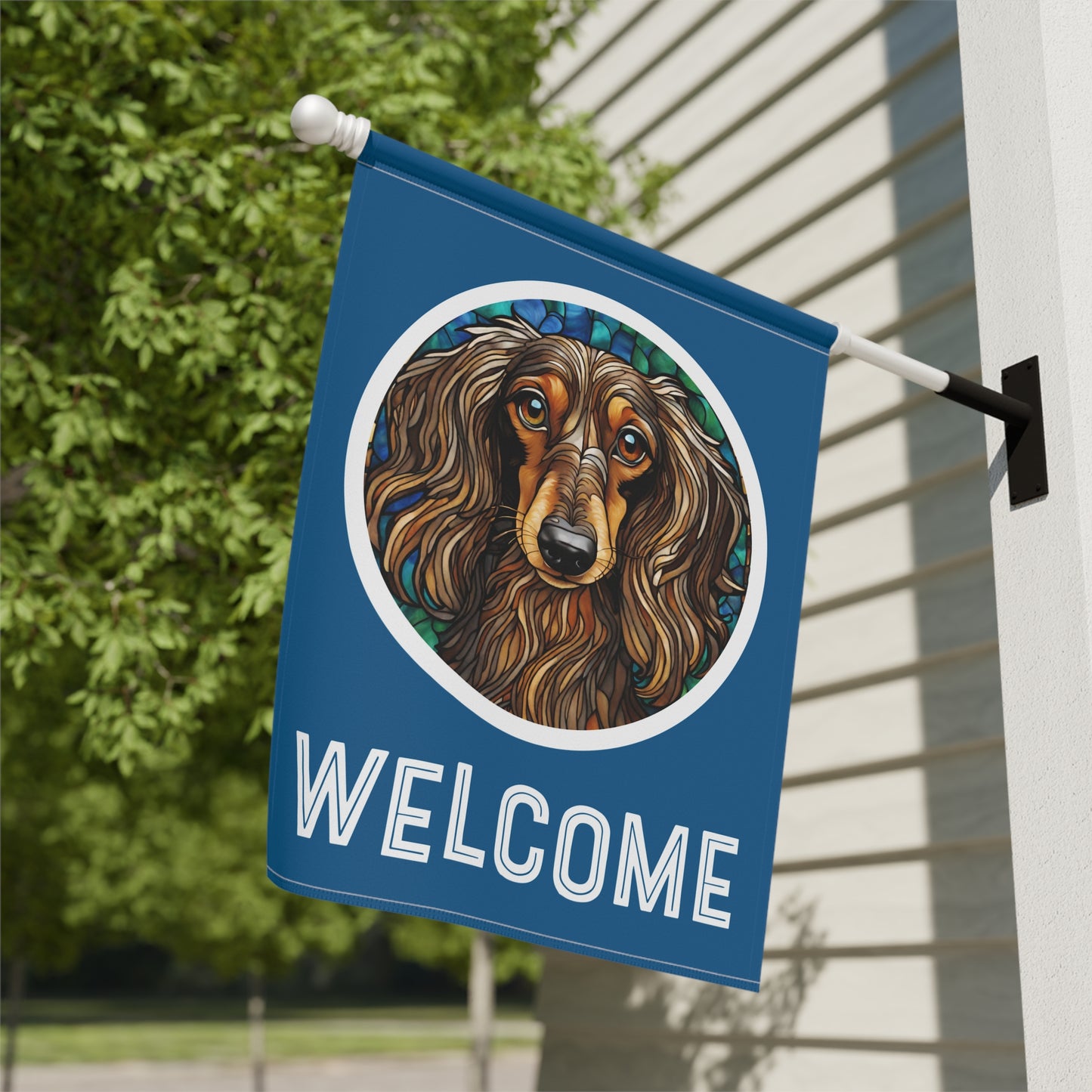 Dachshund (Long Hair) Welcome 2-Sided Garden & House Flag/Banner