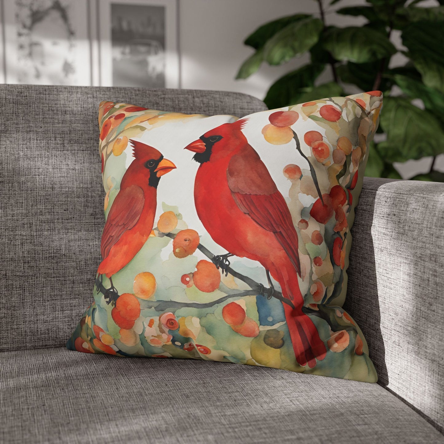 Autumn Cardinals Square Poly Canvas Pillowcase