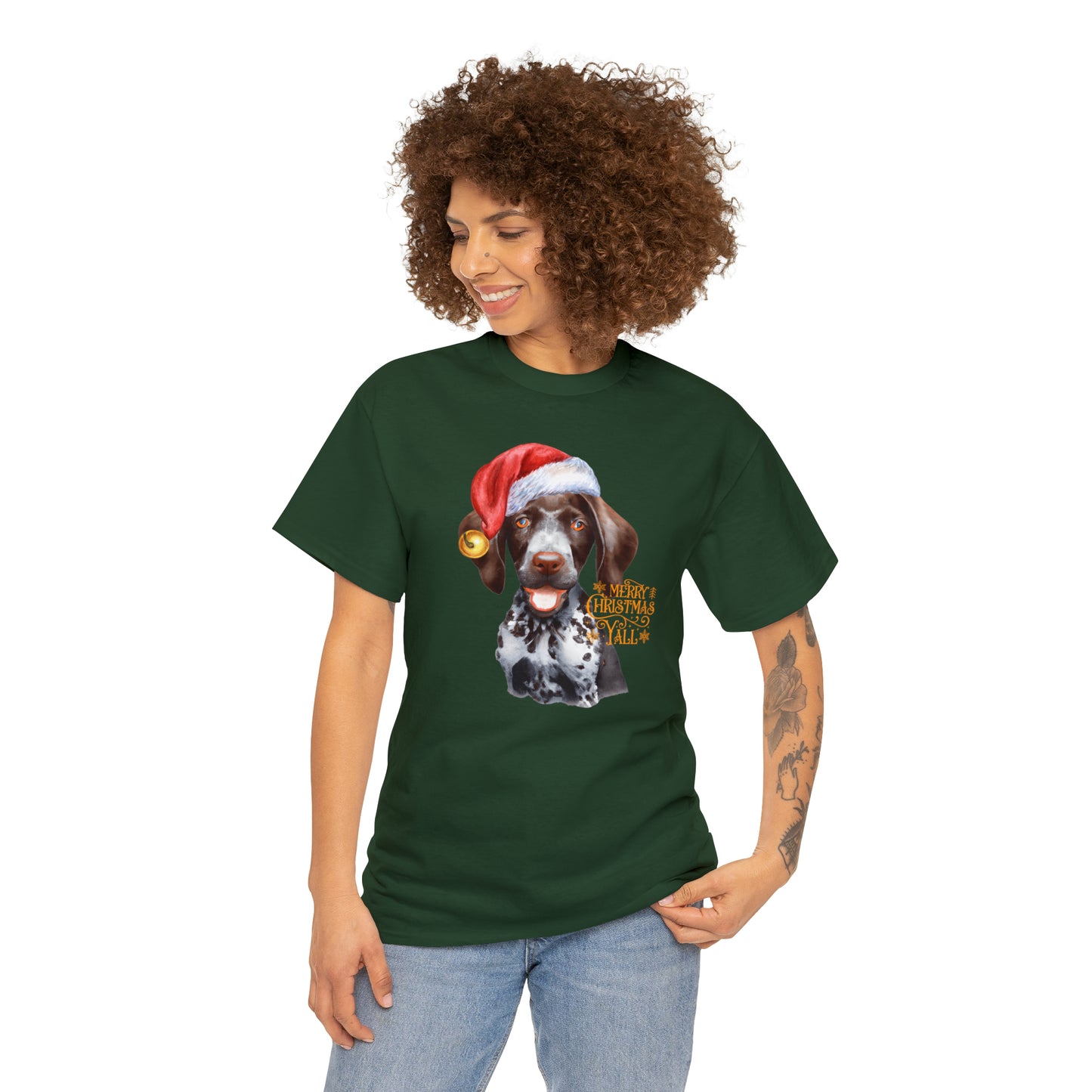 Merry Christmas Y'all German Shorthaired Pointer in Santa Hat Unisex Heavy Cotton Tee