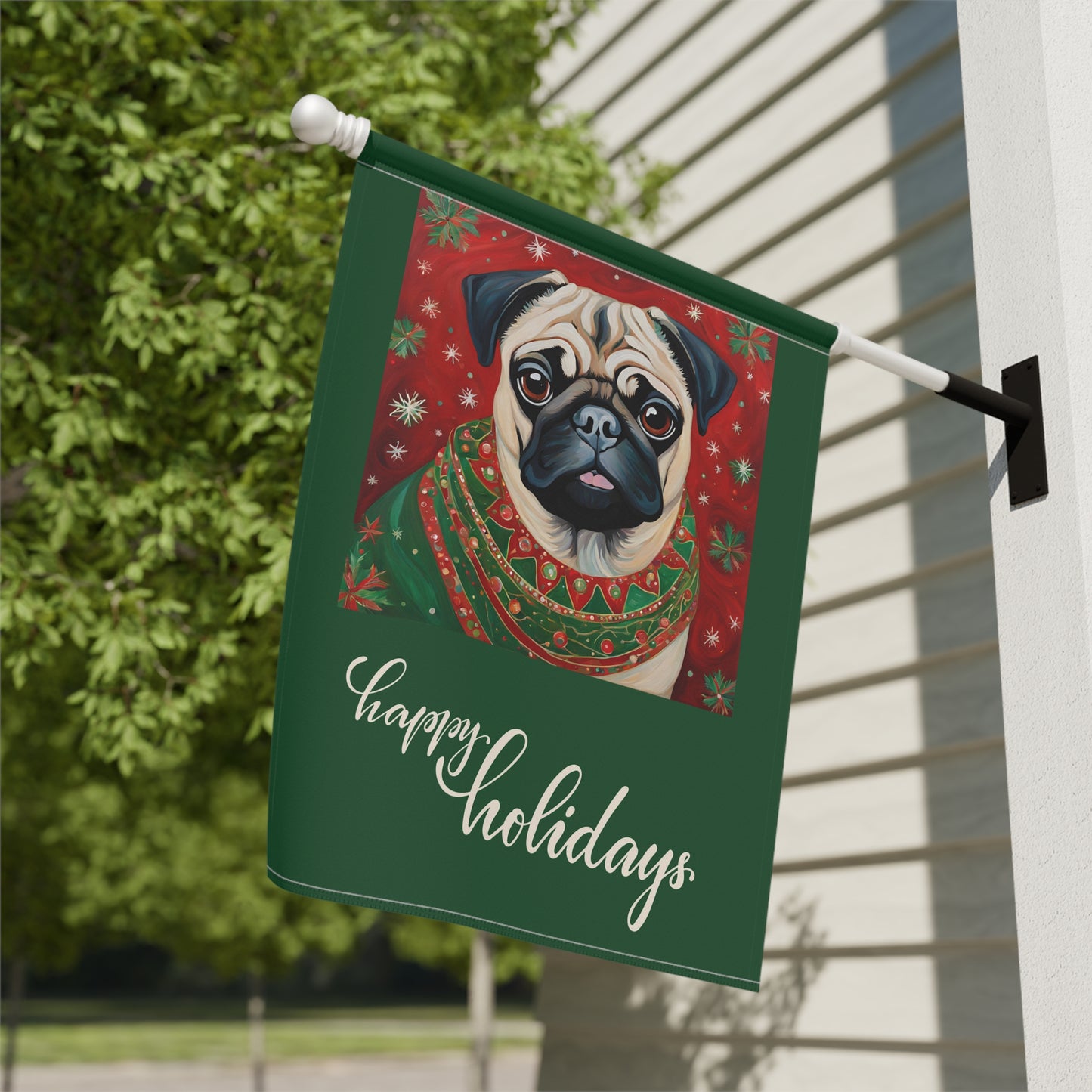 Pug Happy Holidays 2-Sided Garden & House Flag/Banner