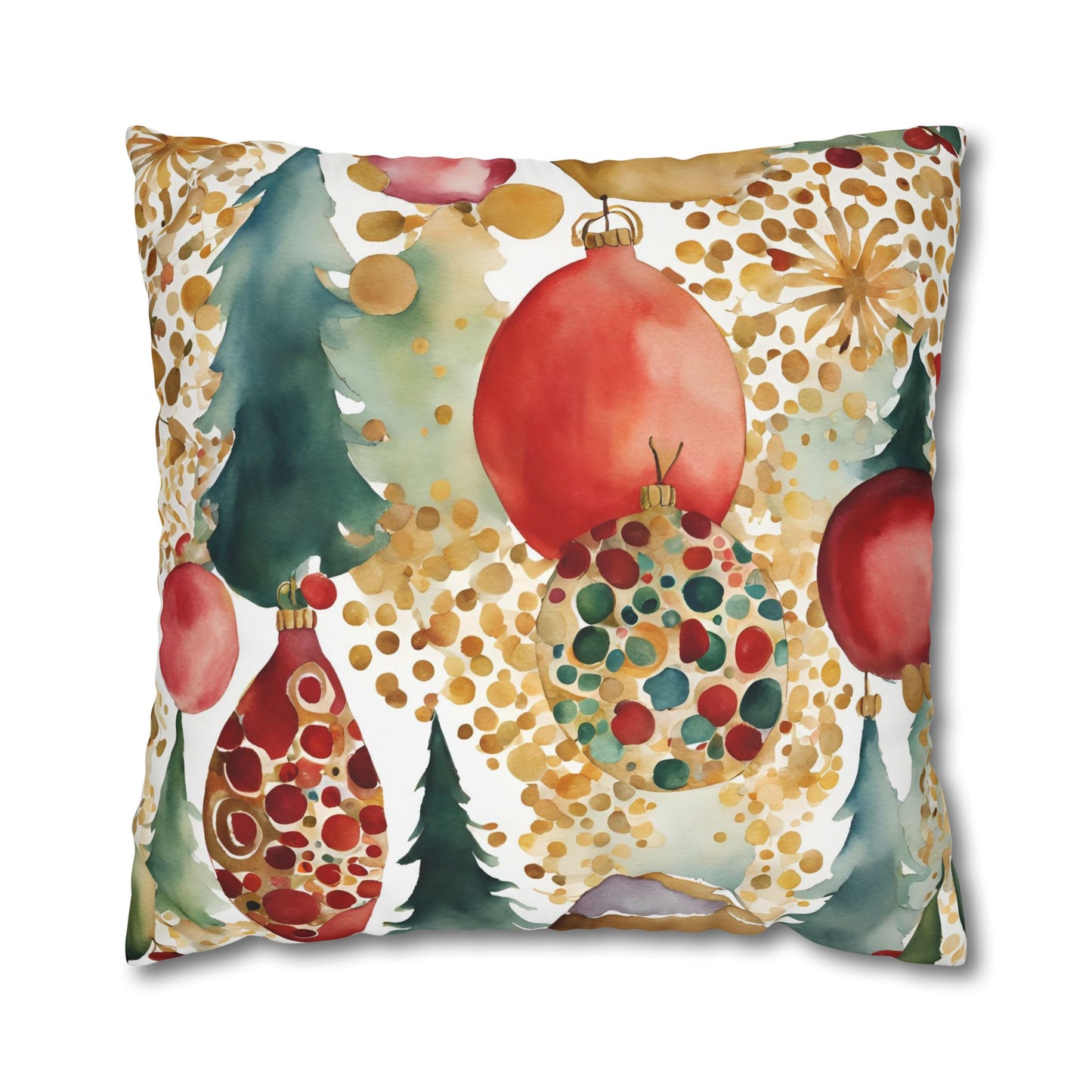 Holiday Watercolor Ornaments Square Poly Canvas Pillowcase