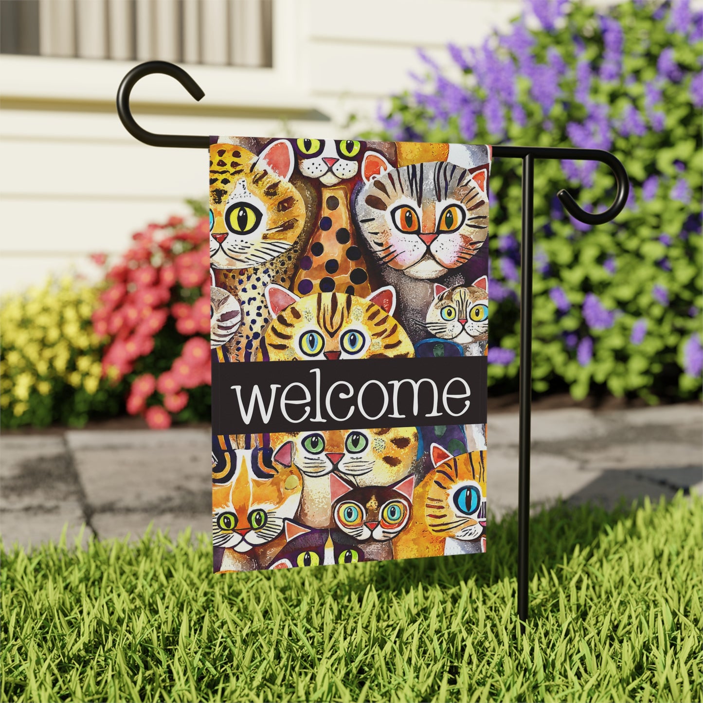 Funky Cats A Plenty Welcome 2-Sided Garden & House Flag/Banner