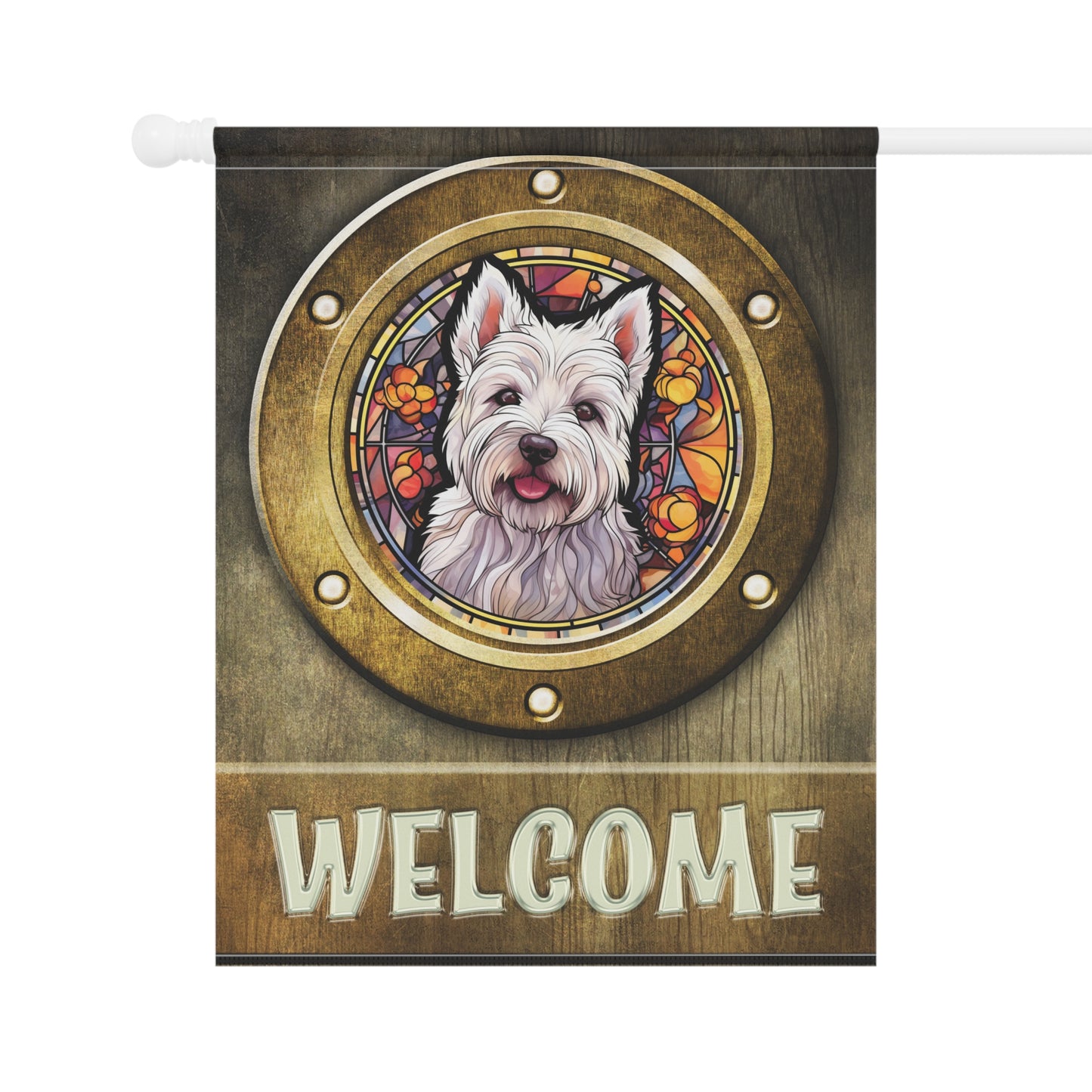 West Highland Terrier in Port Hole Westie Welcome 2-Sided Garden & House Flag/Banner