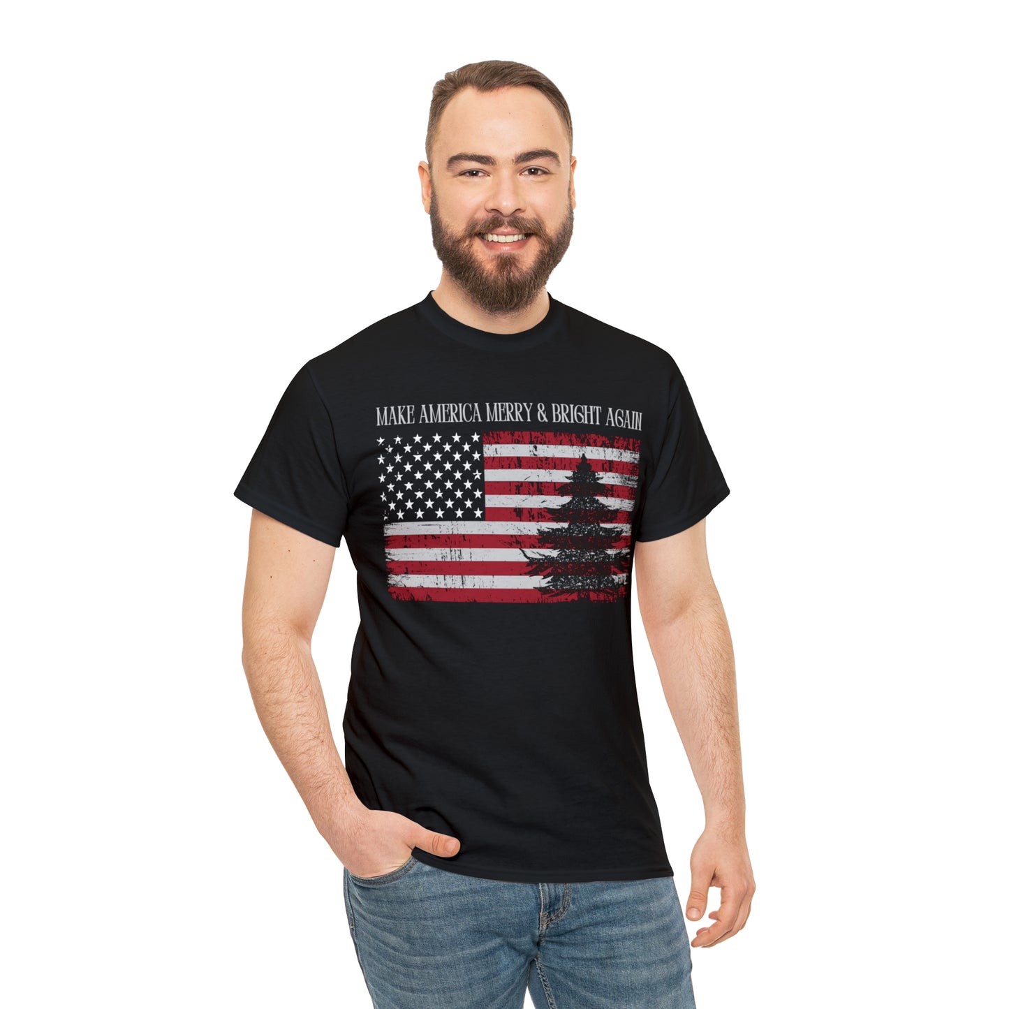 American Flag Make America Merry & Bright Again Unisex Heavy Cotton Tee