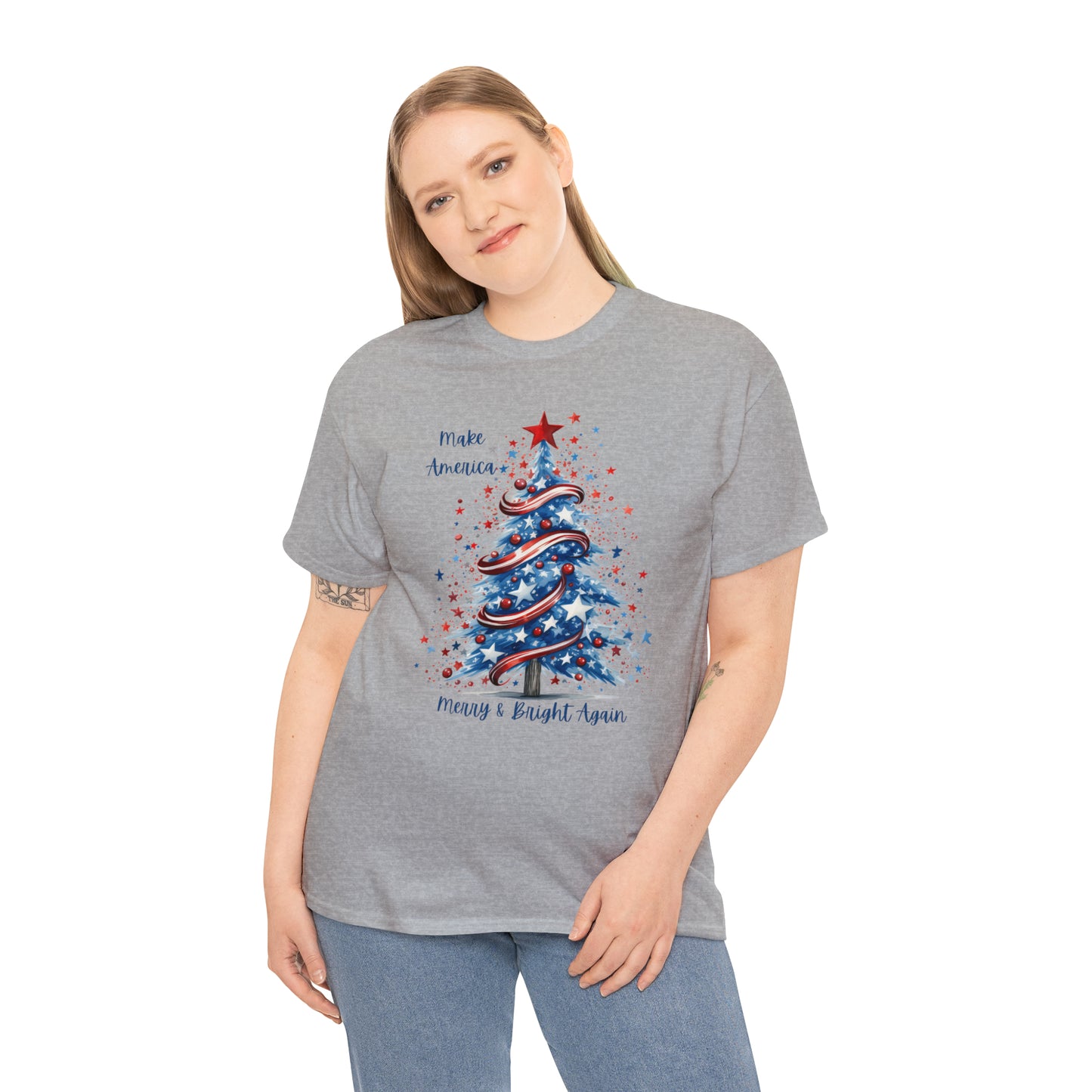 Patriotic Tree Make America Merry & Bright Again Unisex Heavy Cotton Tee