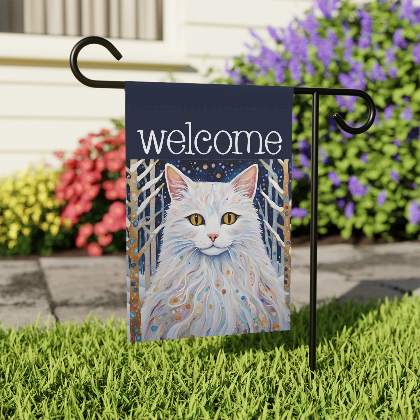 Snowy Cat Welcome 2-Sided Garden & House Flag/Banner