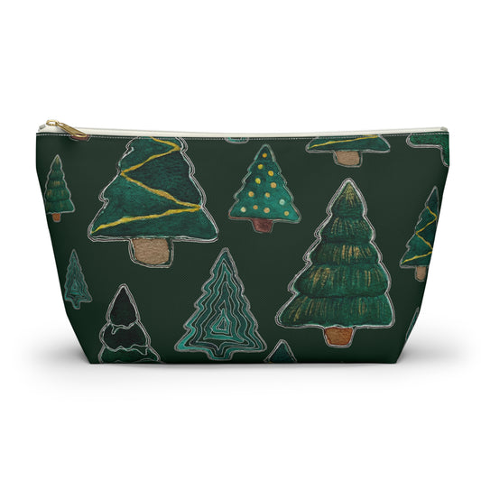 Christmas Tree Cutouts on Green Accessory Pouch w T-bottom