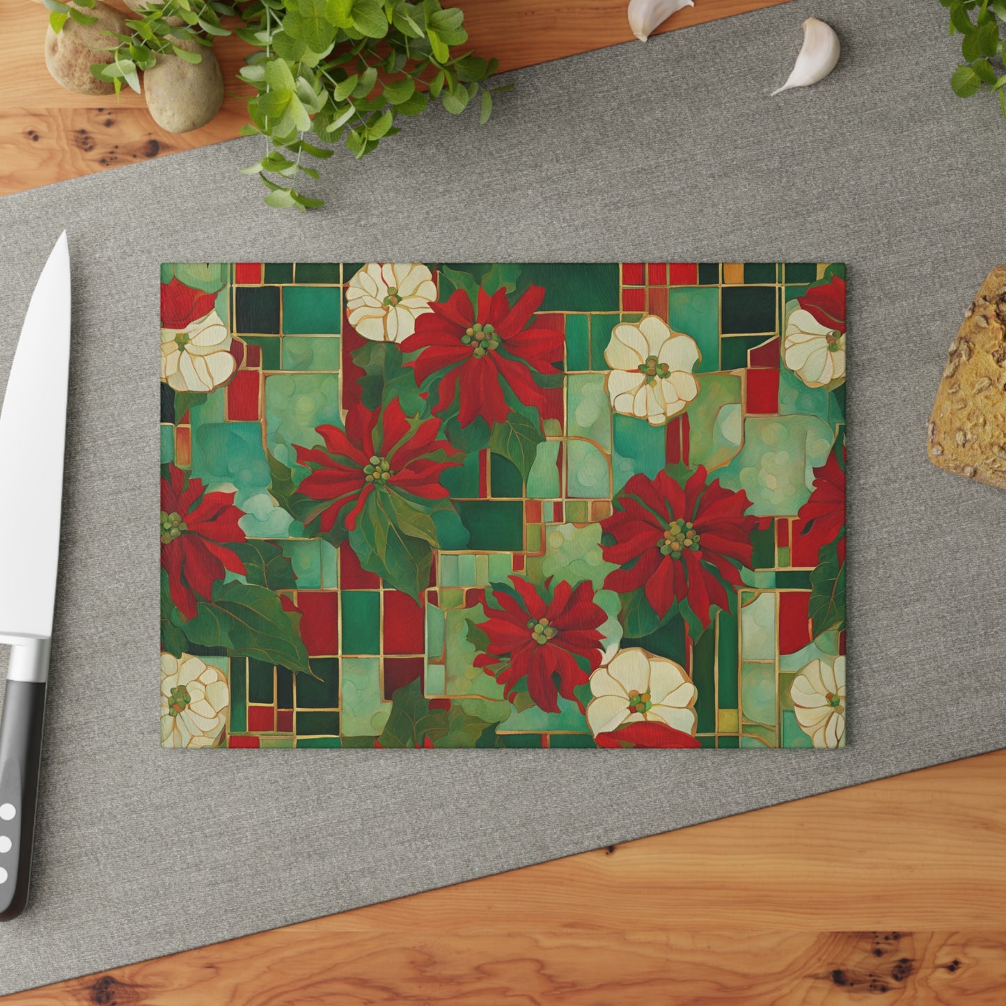 Jo's Poinsettias Tempered Glass Cutting Board