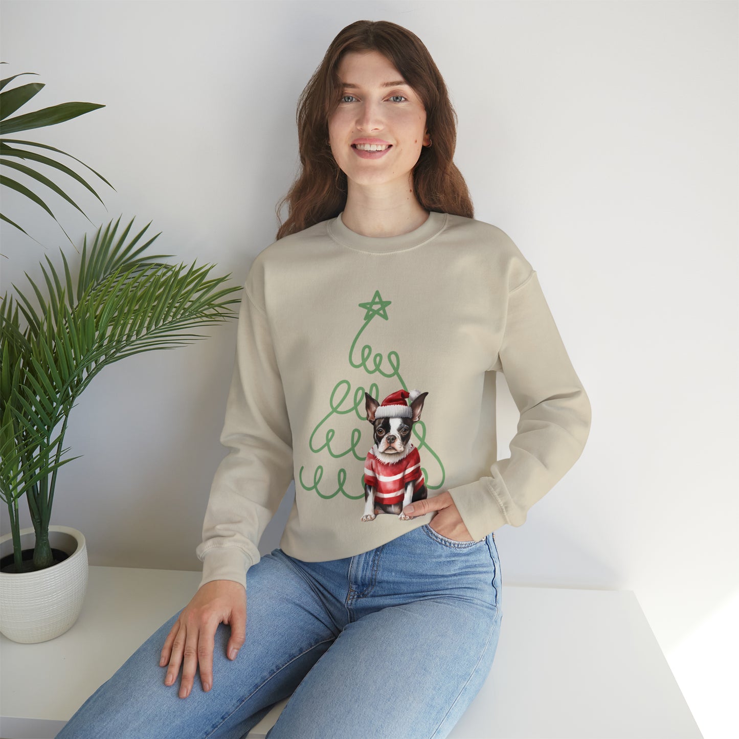 Boston Terrier in Santa Hat & Sweater Unisex Heavy Blend™ Crewneck Sweatshirt