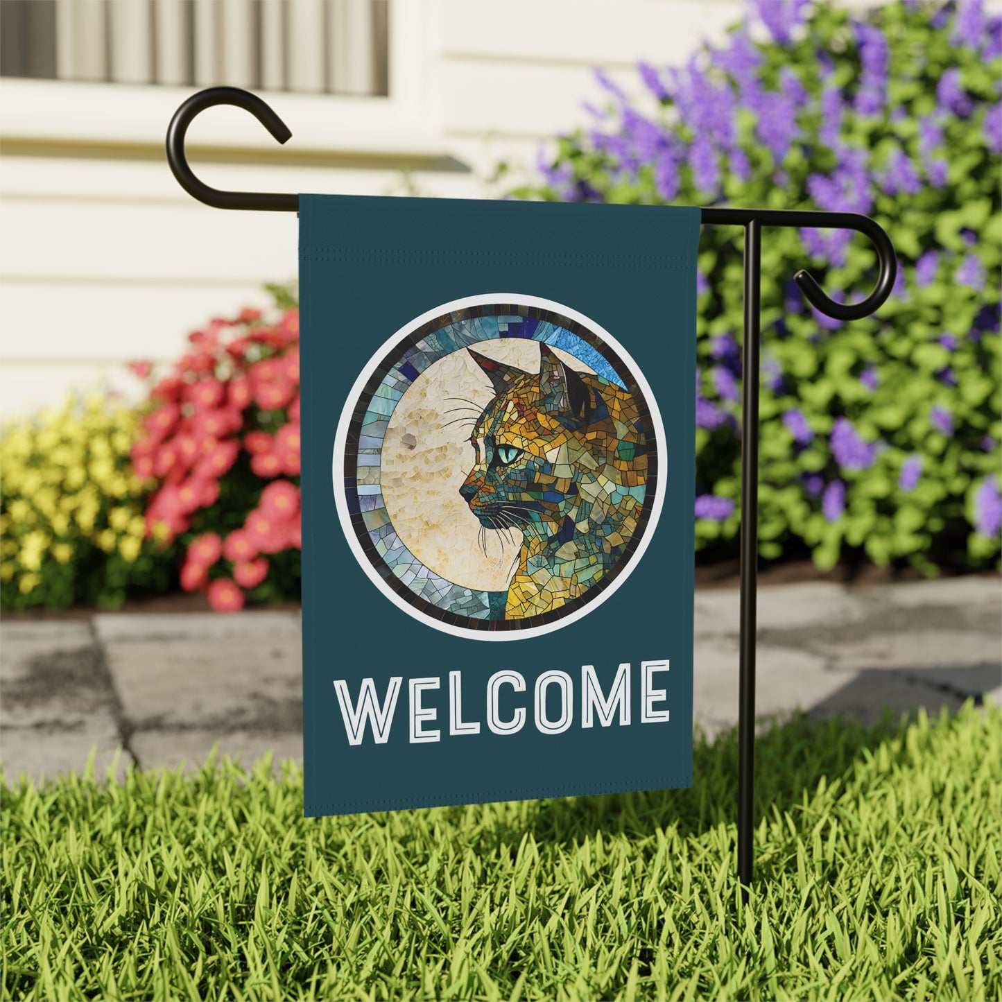 Mosaic Cat Welcome 2-Sided Garden & House Flag/Banner