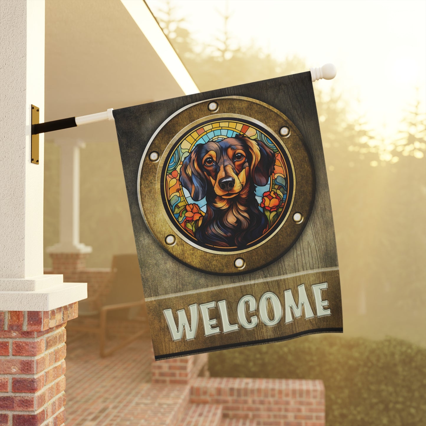 Dachshund in Port Hole Welcome 2-Sided Garden & House Flag/Banner