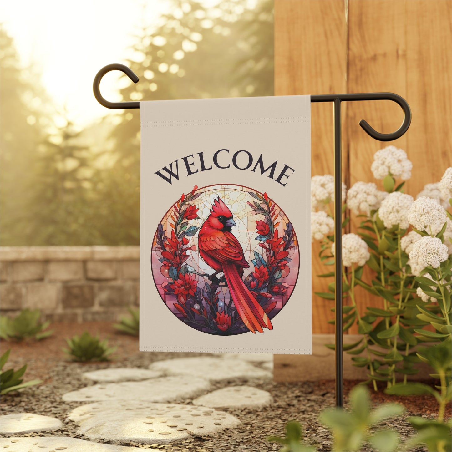 Stained Glass Cardinal 4 Welcome 2-Sided Garden & House Banner