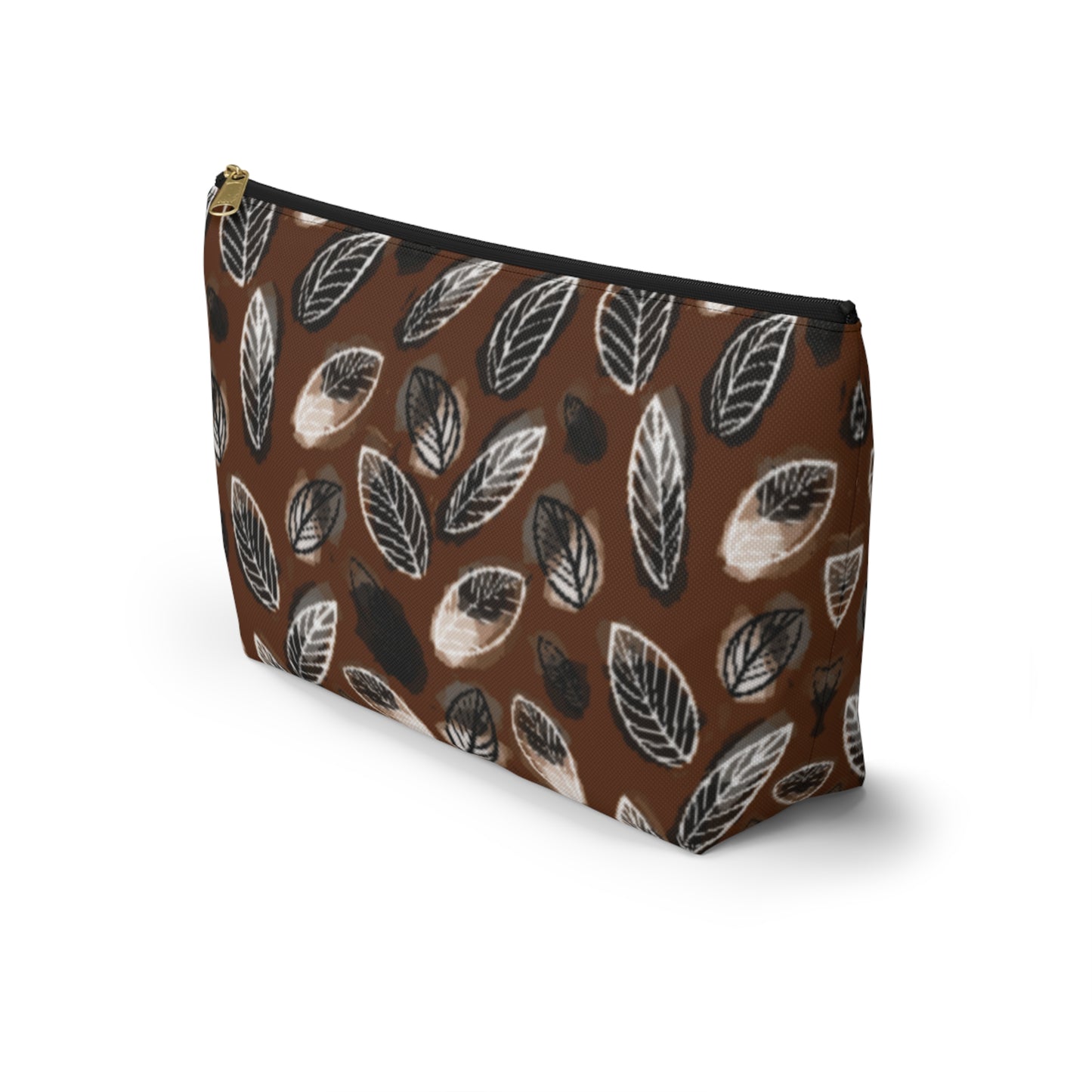 Gertie Black & Cream Abstract Leaves on Brown Makeup Zipper Accessory Pouch w T-bottom