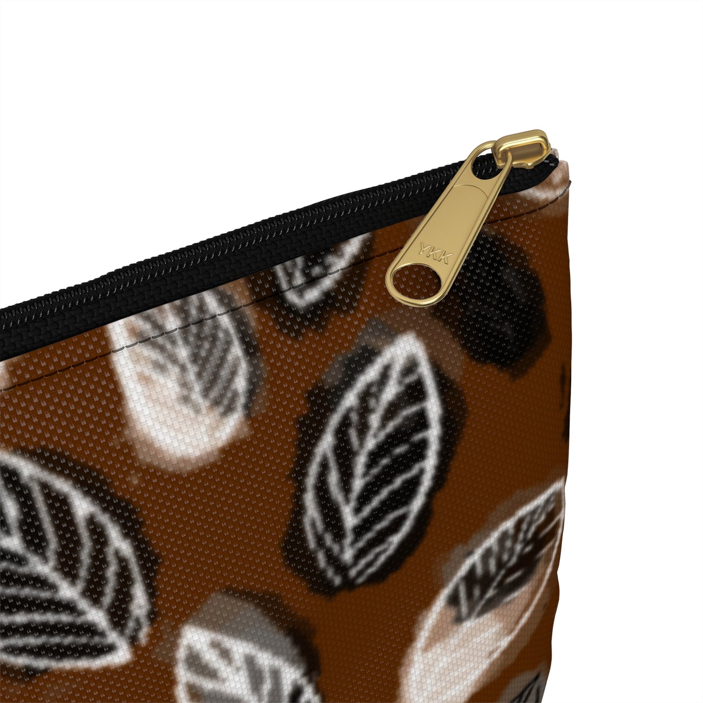 Gertie Black & Cream Abstract Leaves on Brown Journal Pencil  Zipper Flat Bottom Accessory Pouch