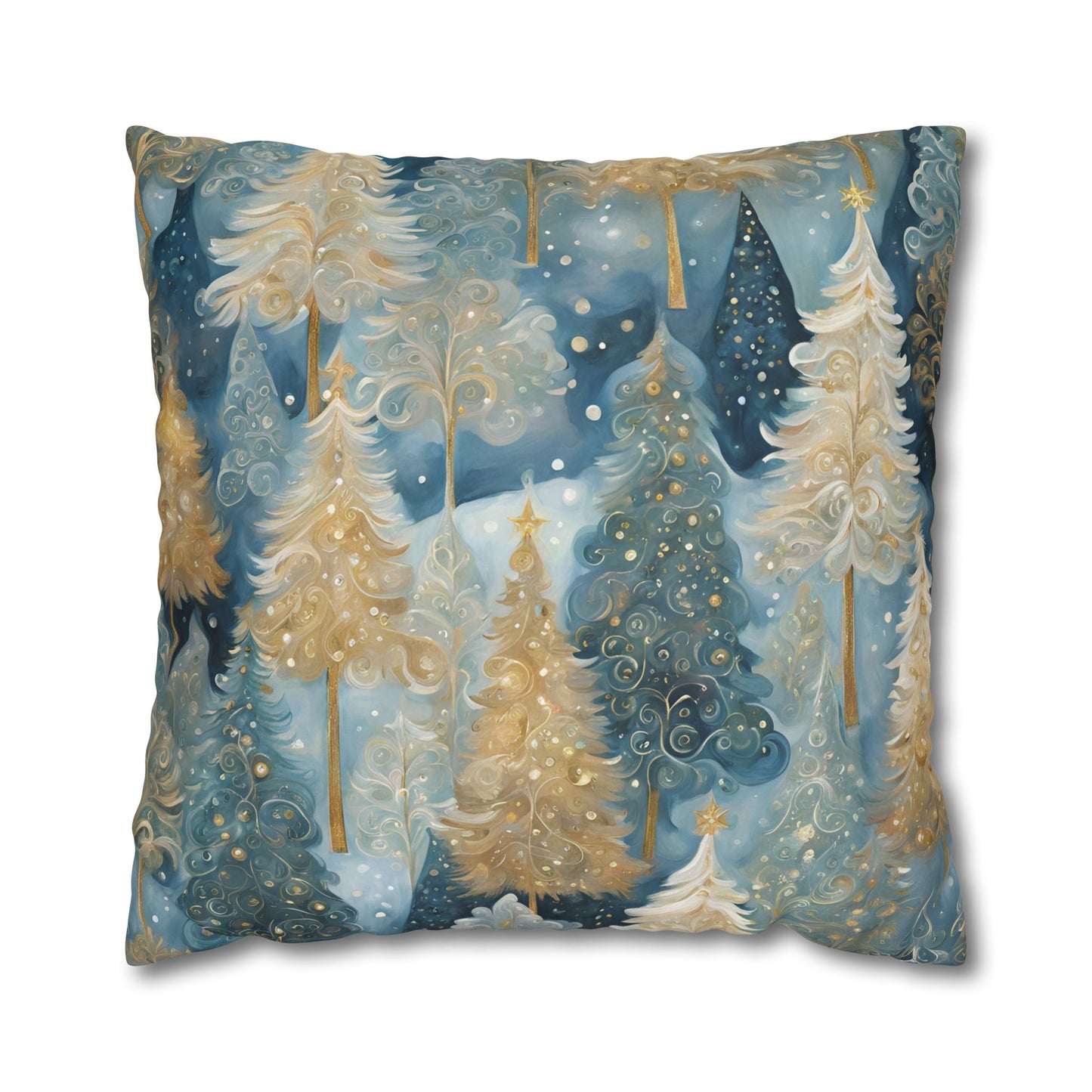 Blue & Cream Trees Square Poly Canvas Pillowcase