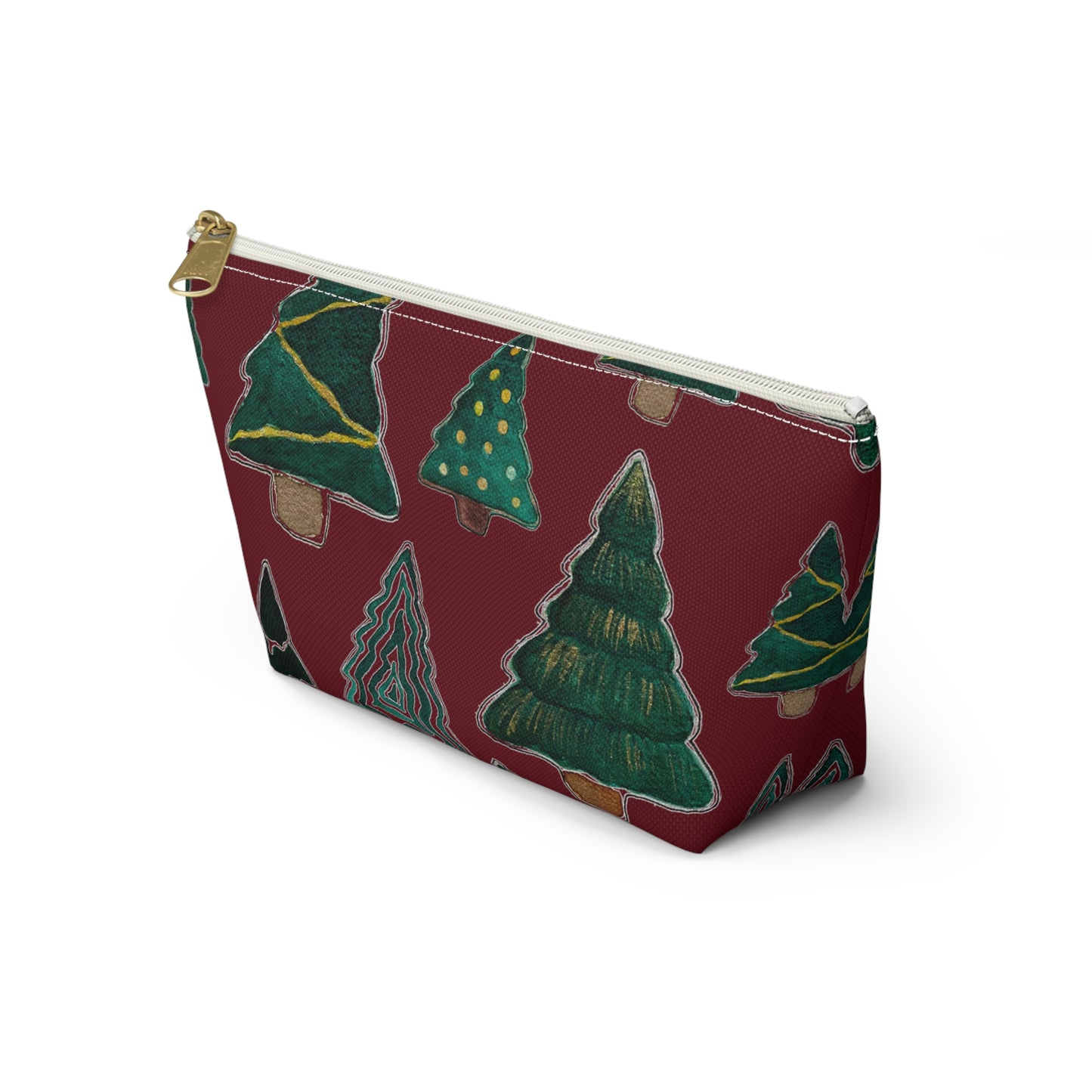 Christmas Tree Cutouts on Maroon Accessory Pouch w T-bottom