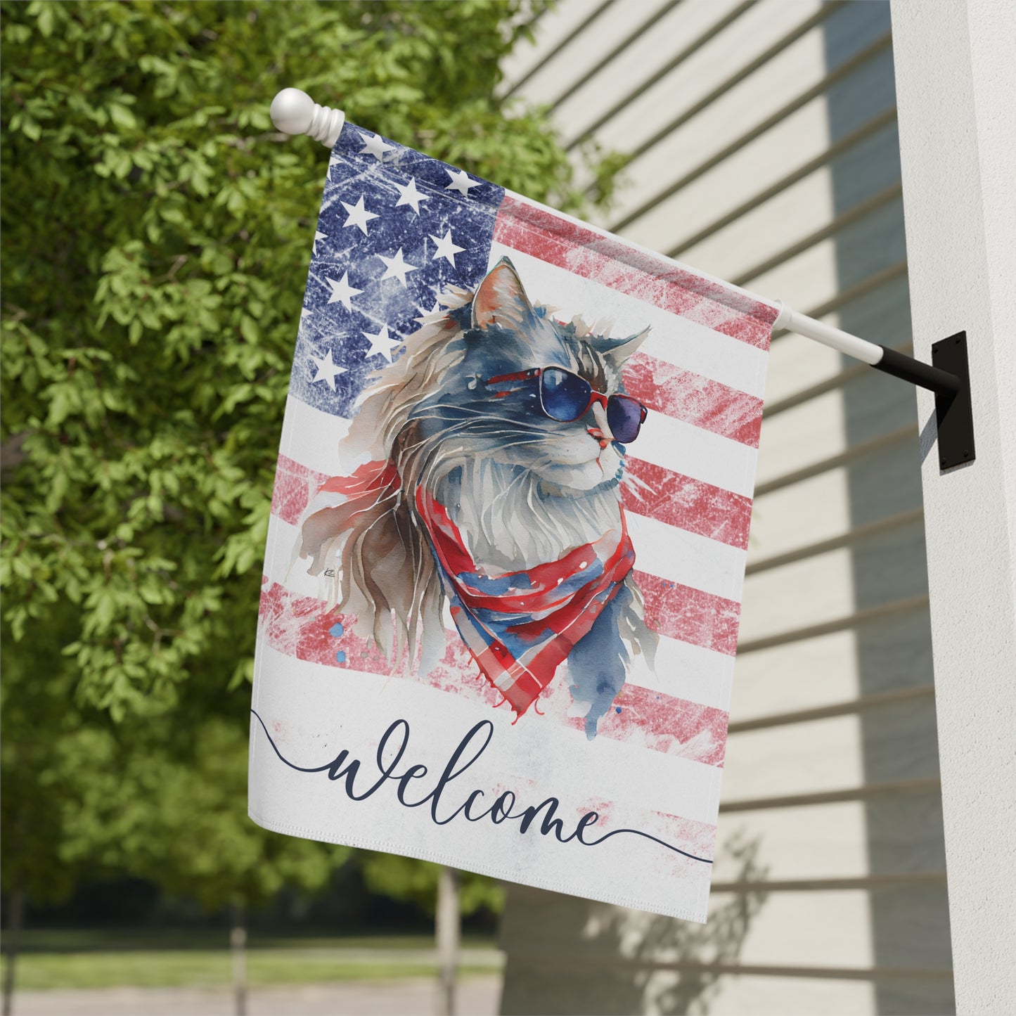 Patriotic Cat in Glasses Welcome 2-Sided Garden & House Flag/Banner