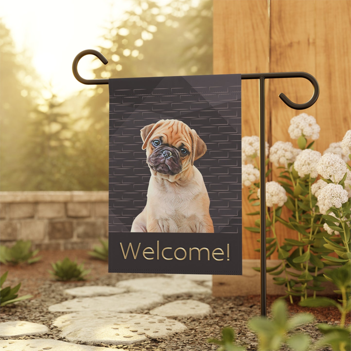 Pug Welcome on Brown 2-Sided Garden & House Flag/Banner