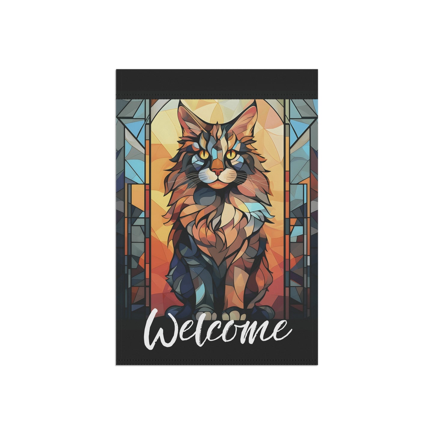 Maine Coon Cat Welcome Stained Glass Look 2-Sided Garden & House Flag/Banner