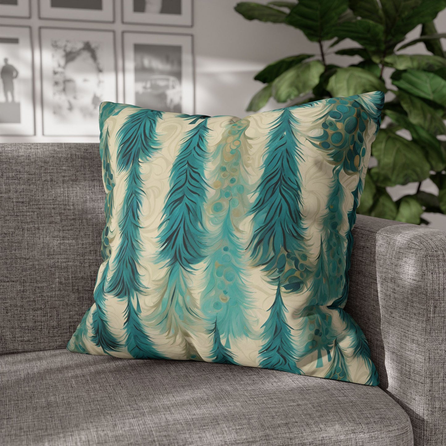 Teal Christmas Trees Square Poly Canvas Pillowcase