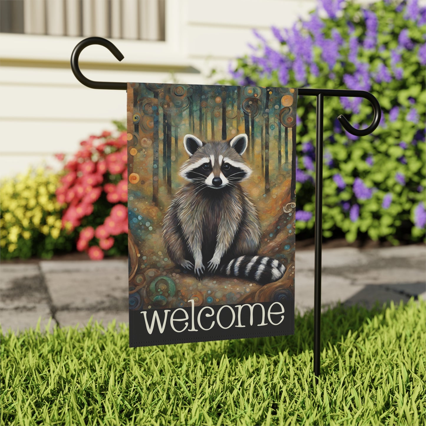 Mountain Forest Raccoon Welcome 2-Sided Garden & House Flag/Banner