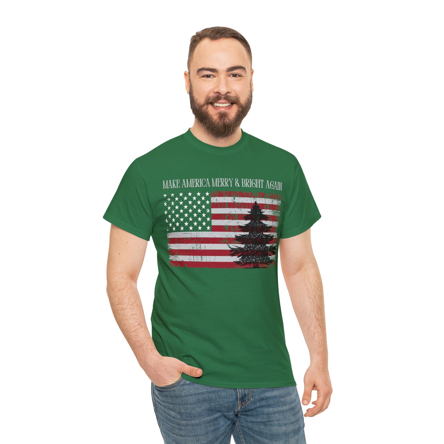 American Flag Make America Merry & Bright Again Unisex Heavy Cotton Tee