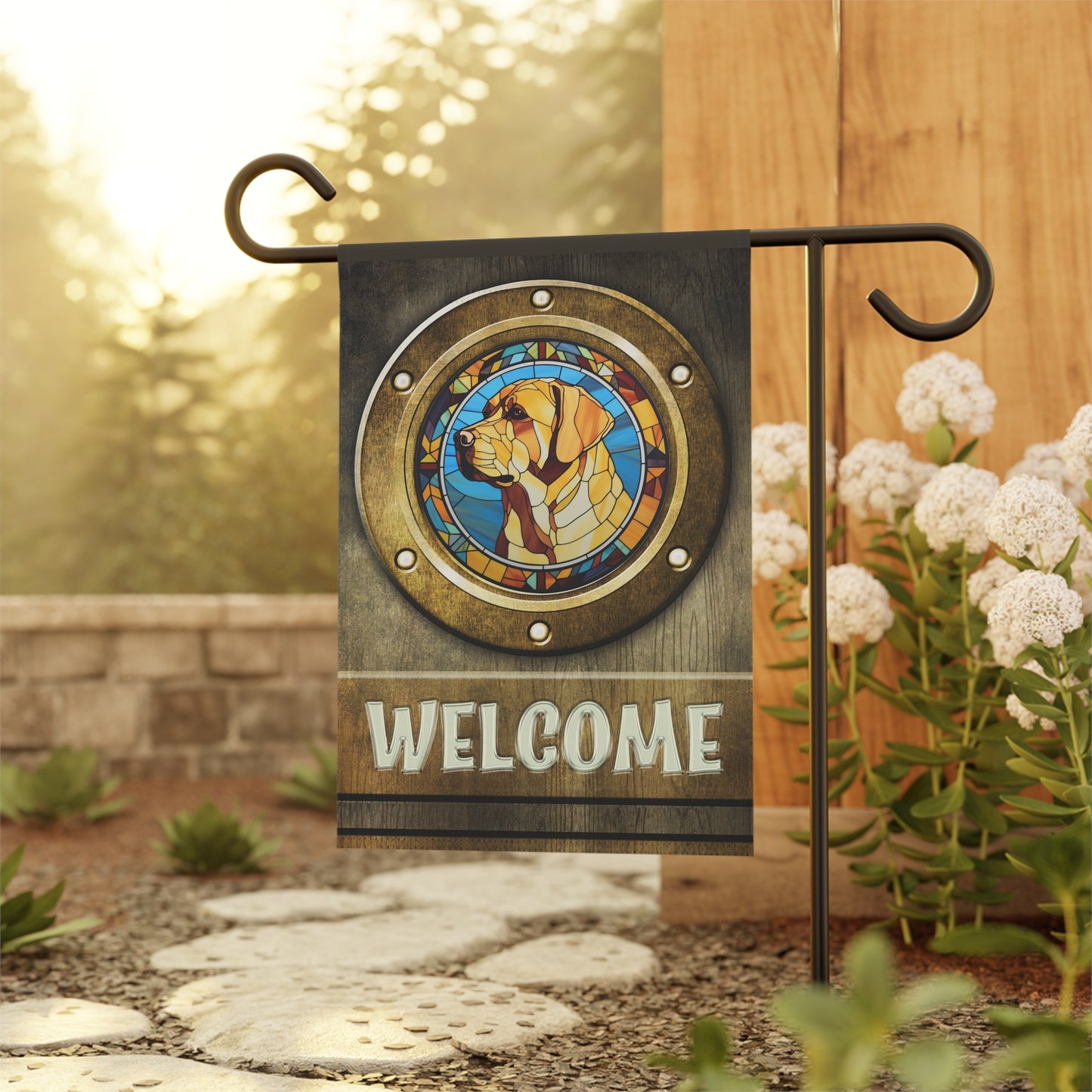 Yellow Labrador in Port Hole Welcome 2-Sided Garden & House Flag/Banner