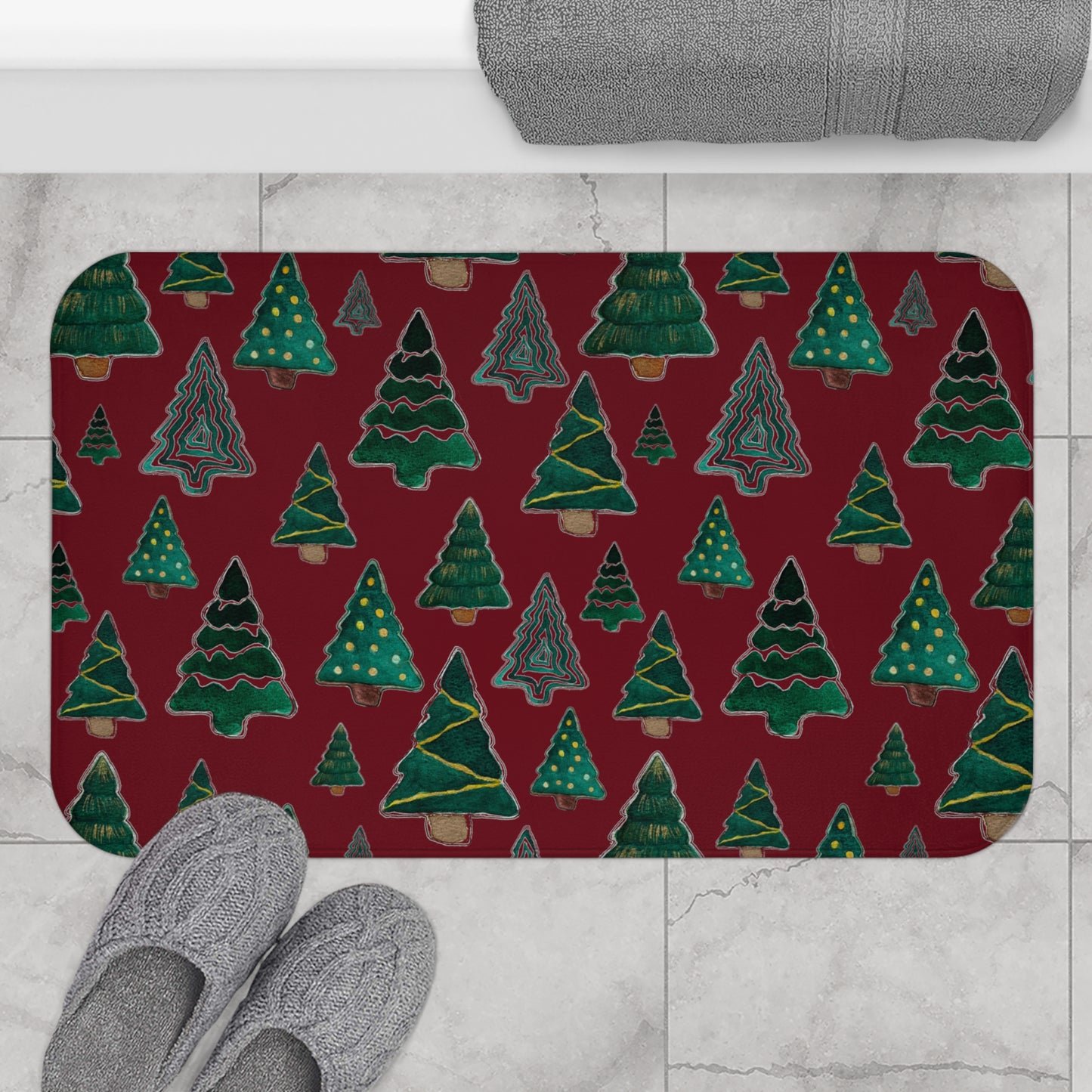 Cute Pines on Maroon Microfiber Bath Mat