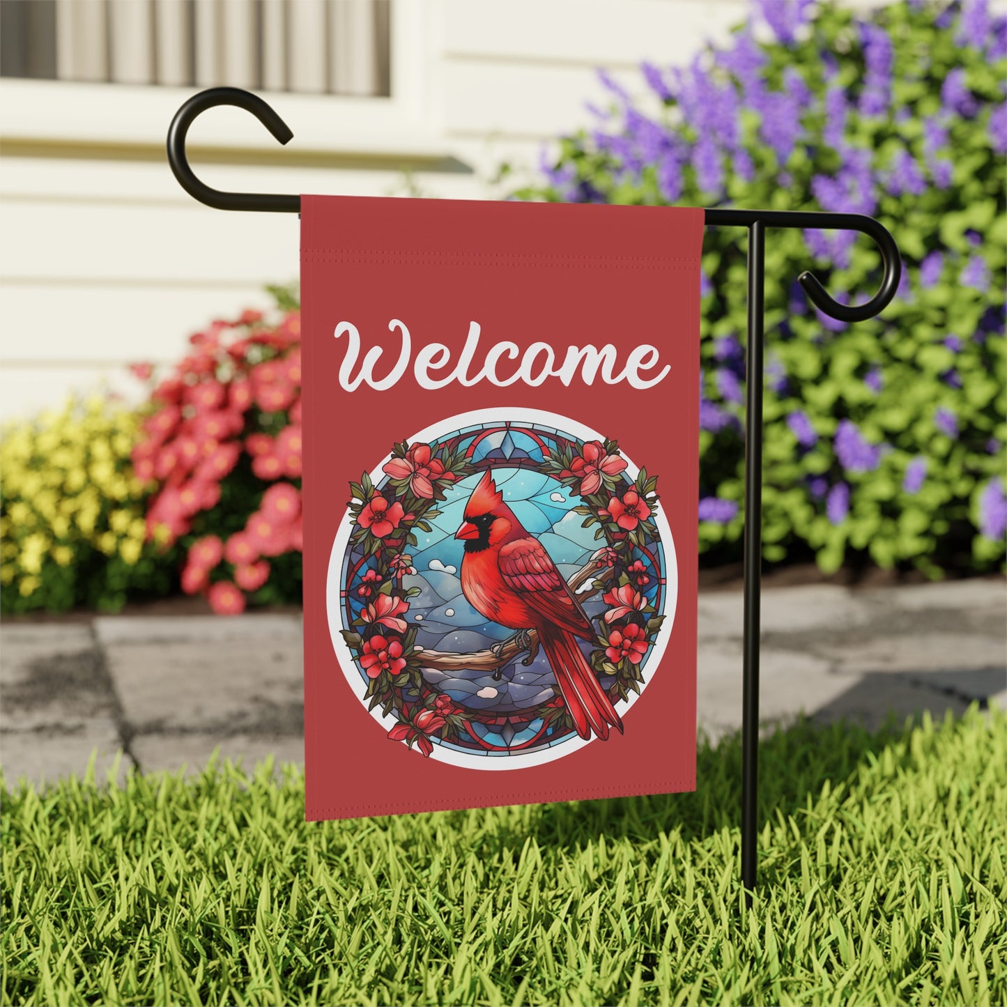 Stained Glass Cardinal 3 Welcome 2-Sided Garden & House Banner