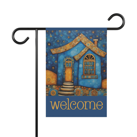 Blue House Welcome 2-Sided Garden & House Flag/Banner