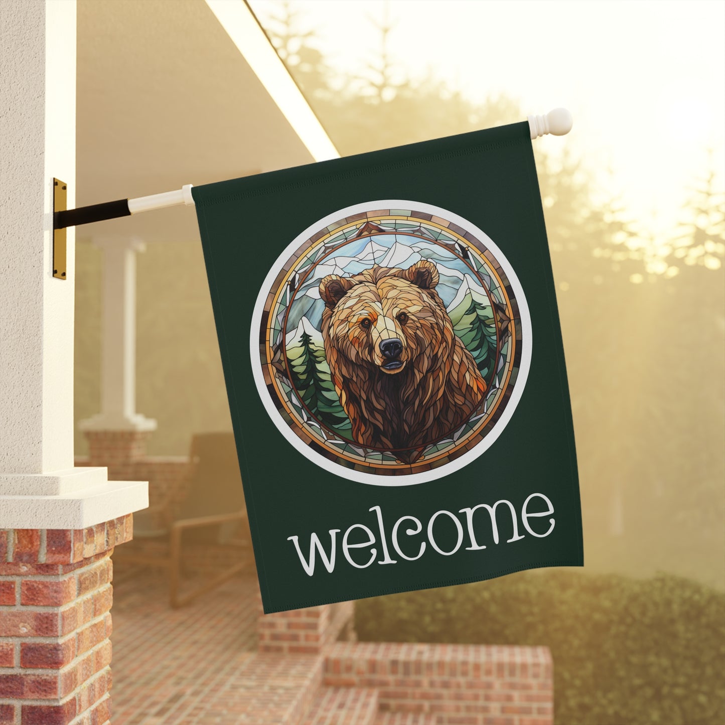 Grizzly Bear on Green Welcome 2-Sided Garden & House Flag/Banner