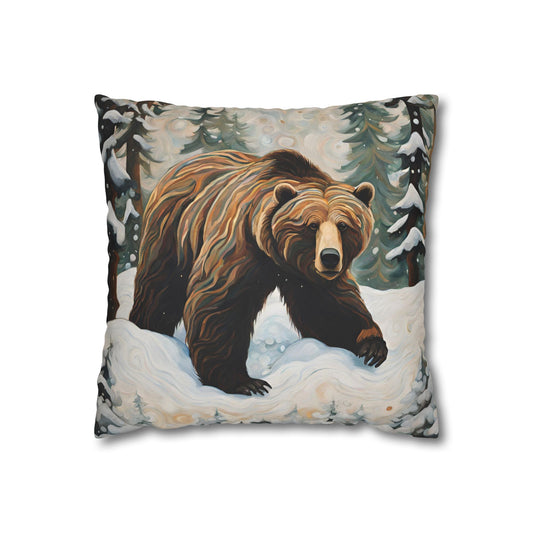 Winter Grizzly Square Poly Canvas Pillowcase