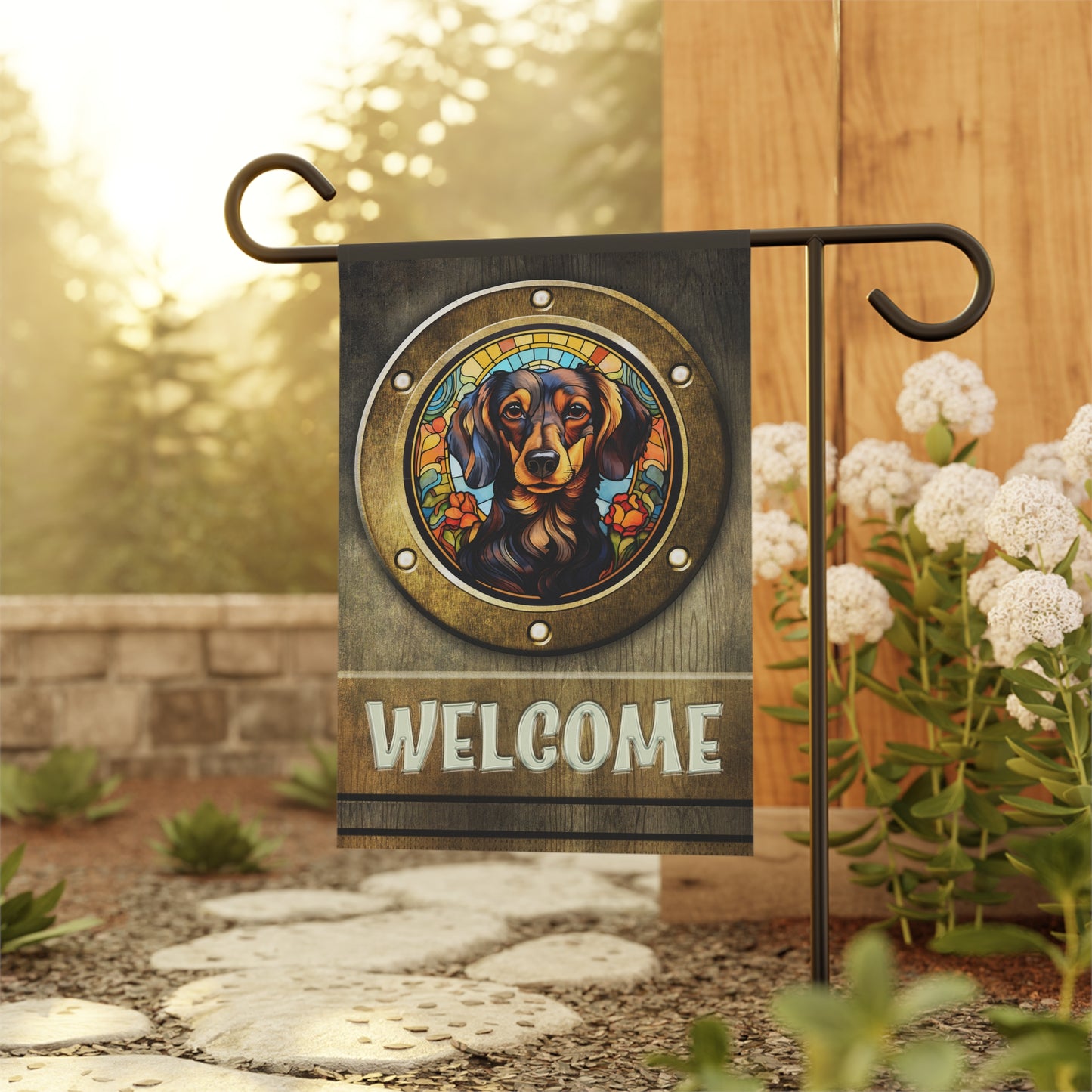 Dachshund in Port Hole Welcome 2-Sided Garden & House Flag/Banner