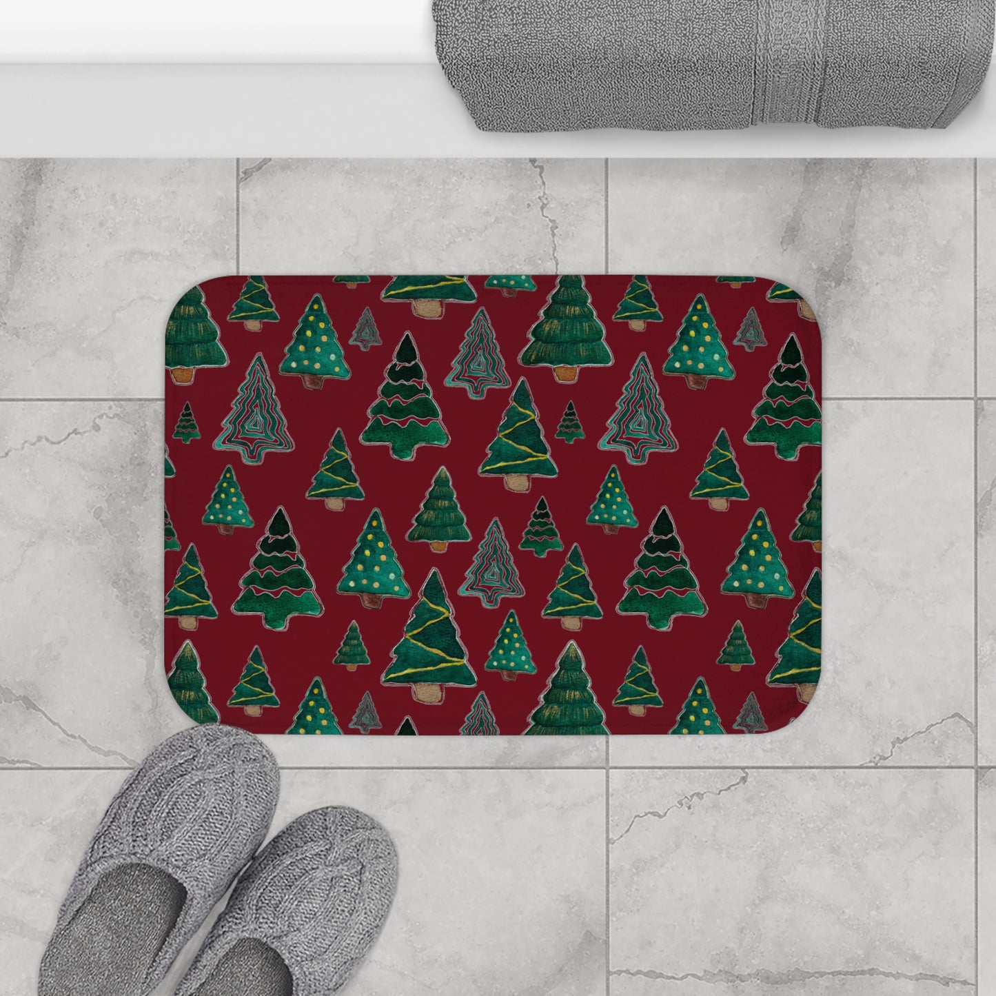 Cute Pines on Maroon Microfiber Bath Mat