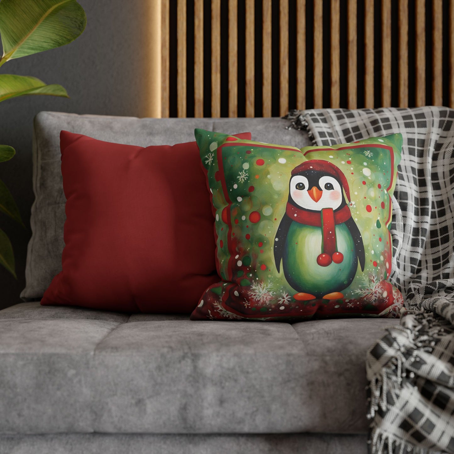 Holiday Penguin Square Poly Canvas Pillowcase