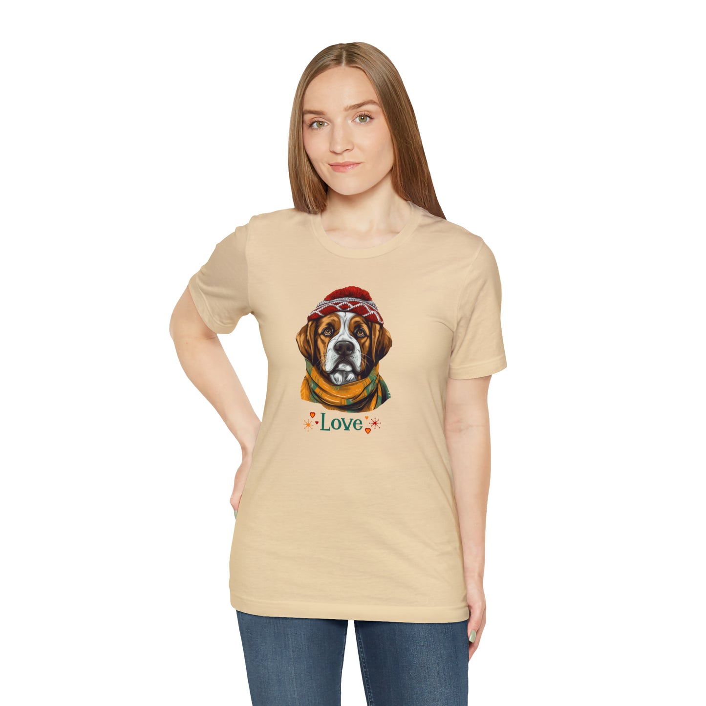 Saint Bernard in Hat & Scarf Love Unisex Jersey Short Sleeve Tee