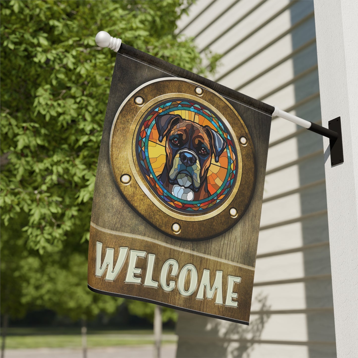 Boxer In Port Hole Welcome 2-Sided Garden & House Flag/Banner